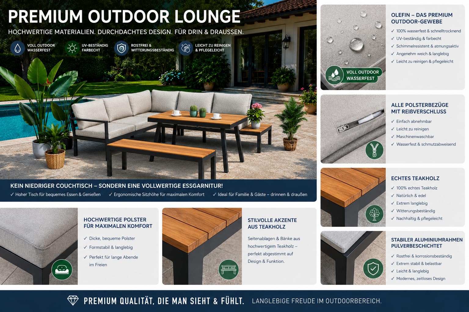 ALEOS. Gartenlounge wetterfest bis 7 Personen Lounge Aluminium Teakholz mit Bank OUTDOOR Polster Kissen Olefin BRASILIA Loungeecke Loungegarnitur Sitzgruppe Sofagarnitur Esstischlounge anthrazit beige