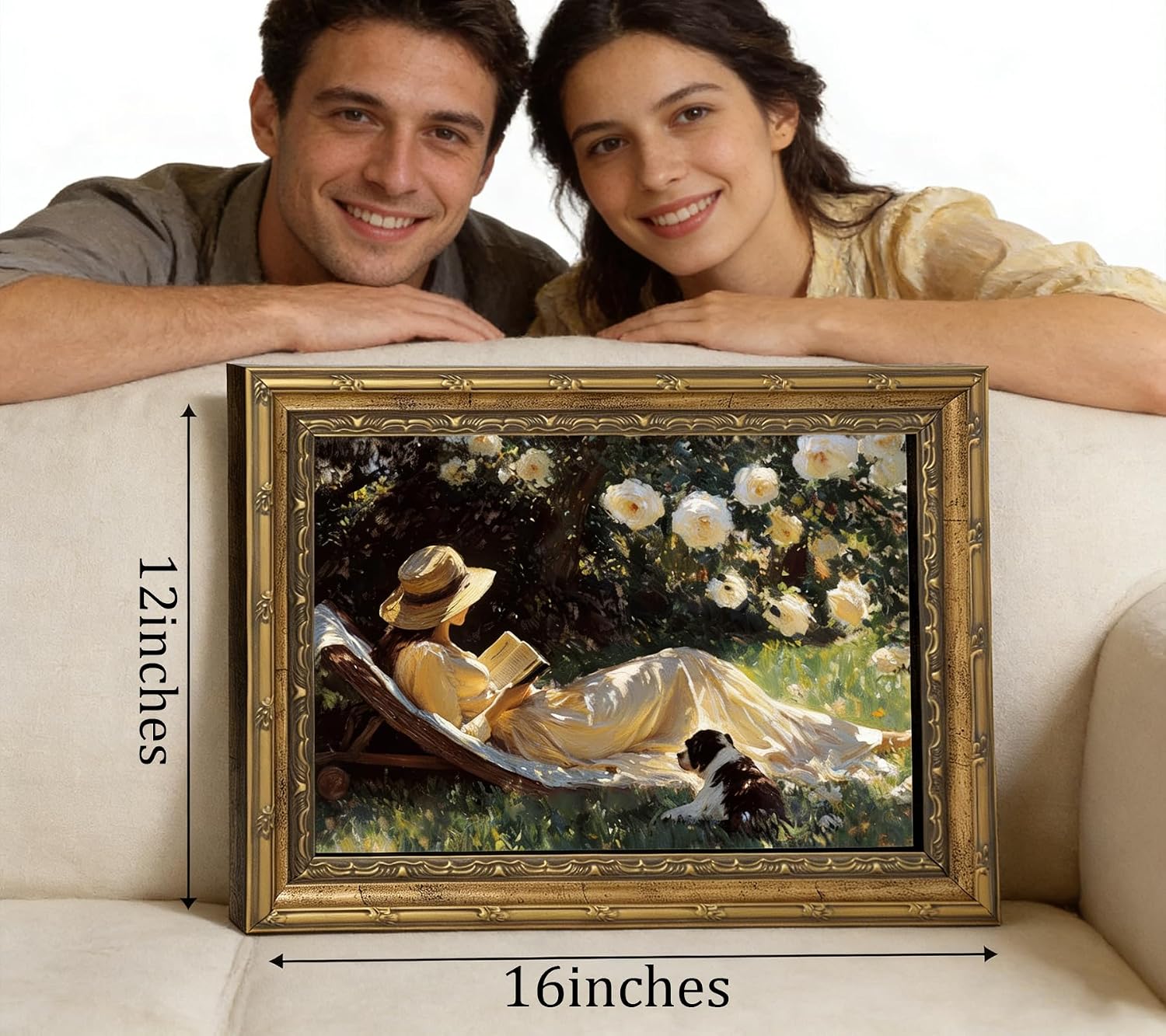 Vintage Gold Framed Canvas Wall Art, Country Woman Reading Painting Picture Wall Decor, Spring English Garden Poster Print Artwork for Rural Countryside Living Room Home Decoration 12x16in