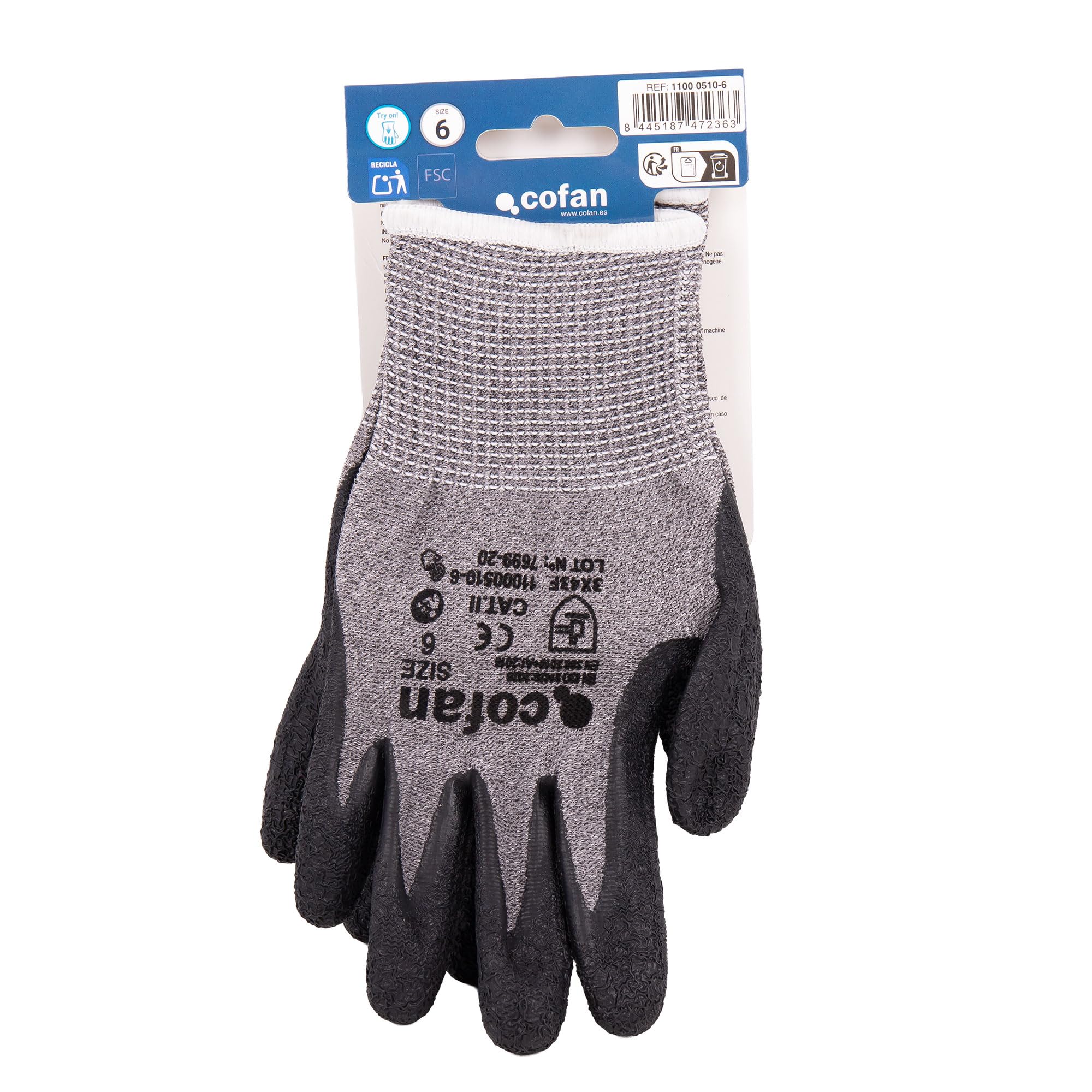 Cofan Guantes Anticorte HPPE con Látex Rugoso, Agarre Seco y Húmedo, Pack de 12 Pares de Guantes, Galga 13, Talla 6 hasta la 10, De Conformidad con EN 388:2016 (12, Talla 6)