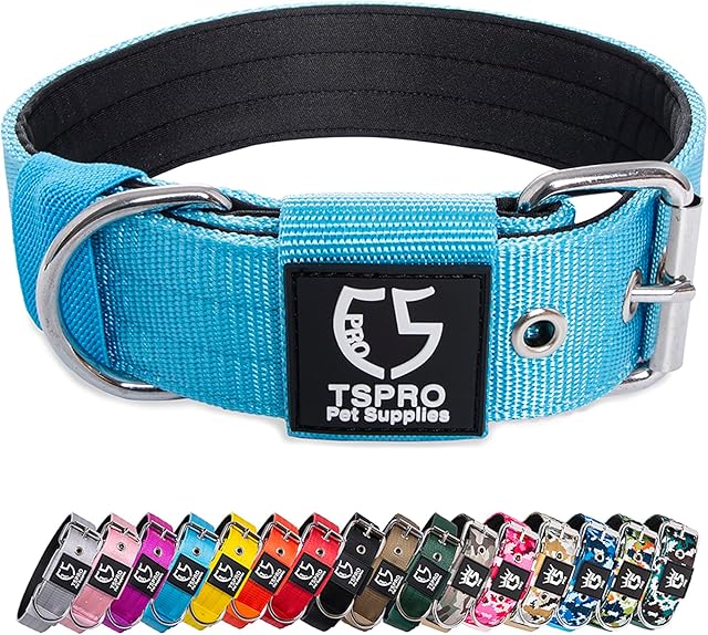 TSPRO Taktyczna obroża dla psa o szerokości 3,8 cm, wojskowa, mocna obroża dla psa, gruba obroża dla psa, wytrzymała metalowa klamra, niebieska, rozmiar M