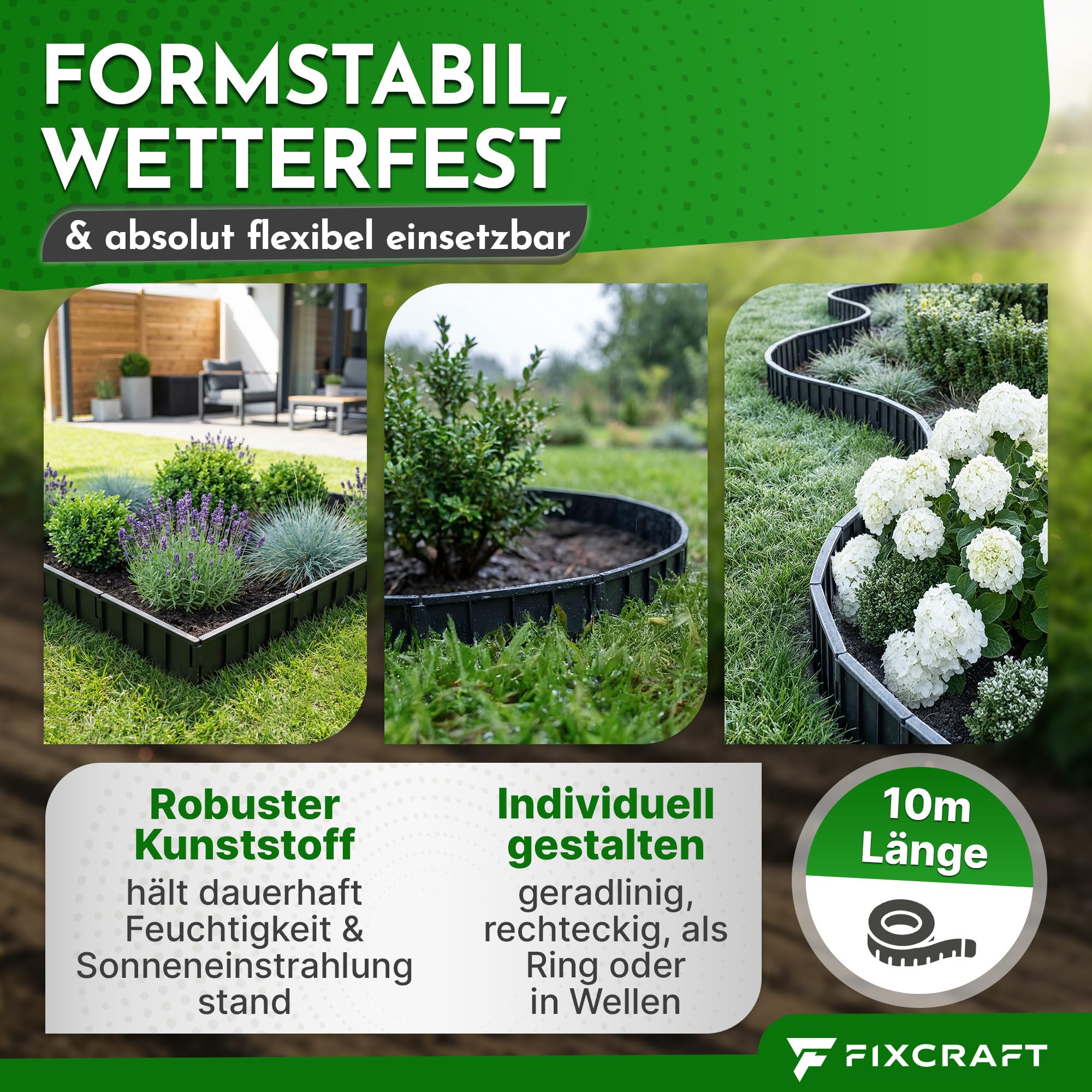 Rasenkante Kunststoff 10m [15cm hoch] - Mähkante, Beeteinfassung | Flexible Beetumrandung, Beetkante | Stabil, knickfest, breiter Schlagkopf | Sicher für Mähroboter, Kinder