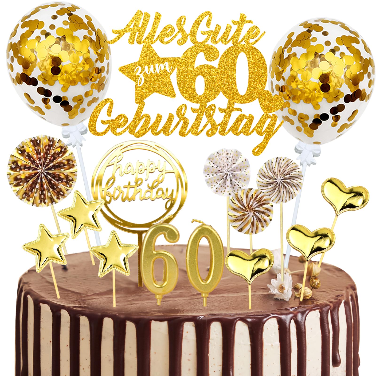 Tortendeko 60. Geburtstag Mann und Frau, 20 Stück Gold Kuchendeko Cake Topper Mit Glitzer Alles Gute, Geburtstagskerzen, Konfetti, Luftballons, Papierfächer