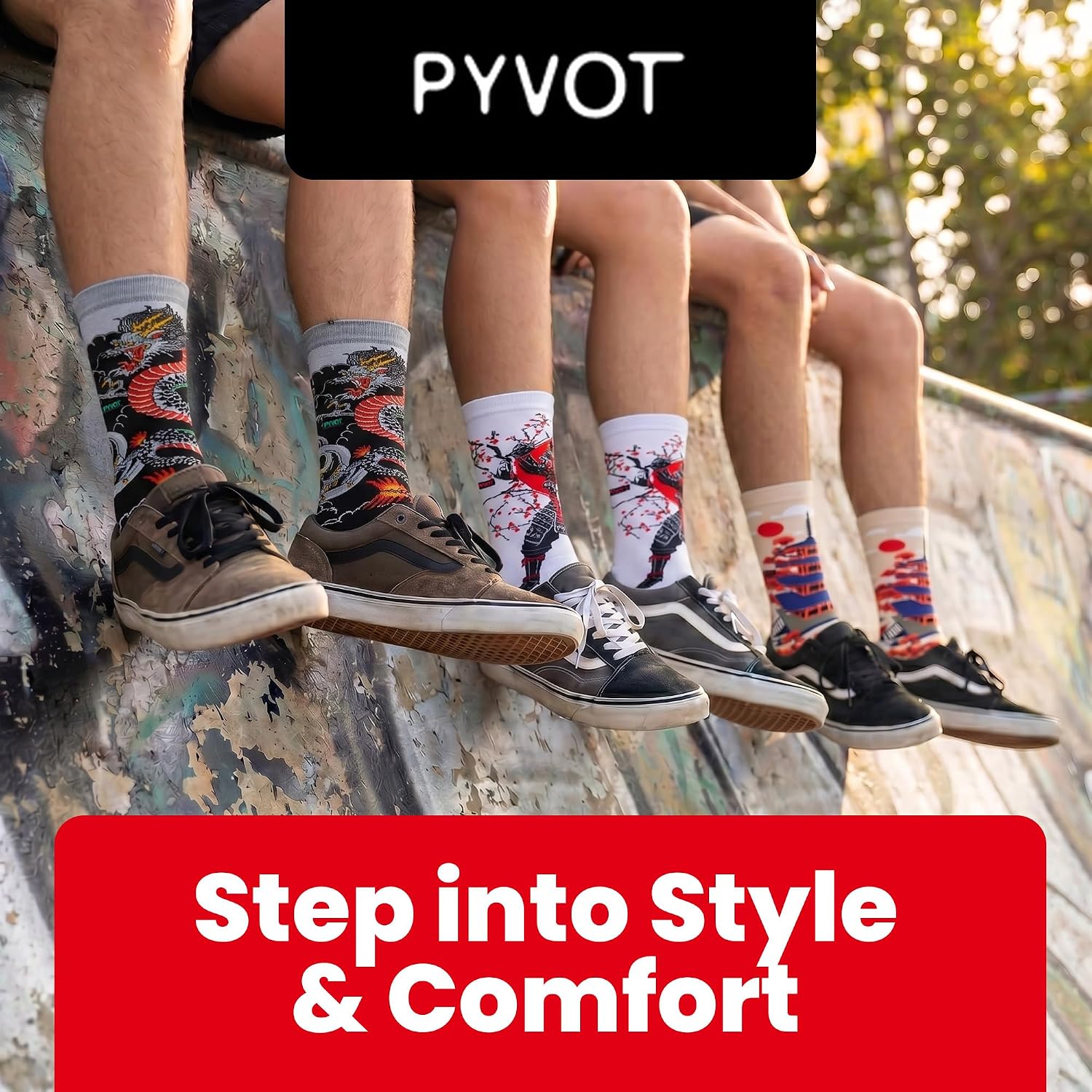 PYVOT Artist Series Honor Bundle 3-Pack, Premium Japanese Culture Crew Socks for Men and Women, Ronin Samurai, Pagoda Zen & Kraken Wave Patterns, Moisture Wicking Combed Cotton, Heavy Cushion, 3 Pairs