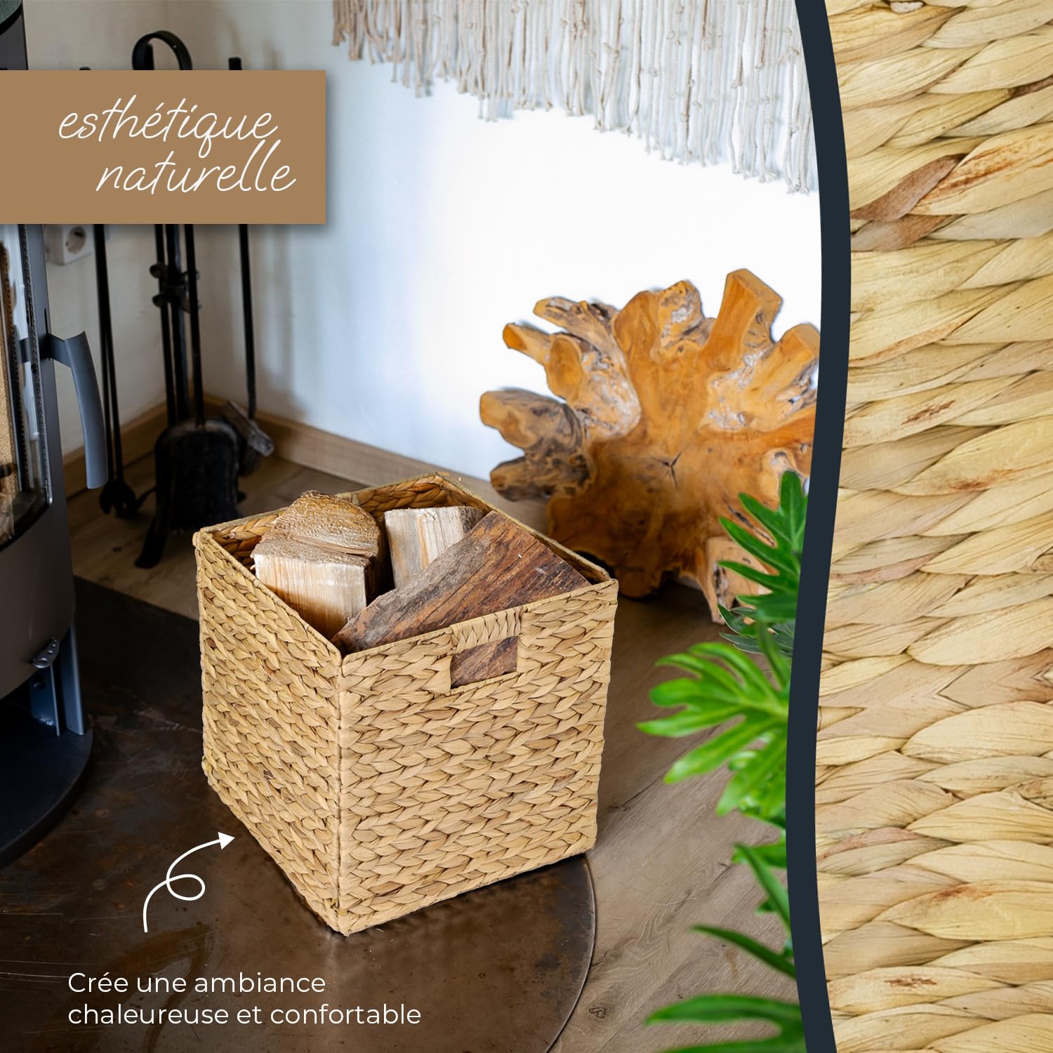 HMF Panier de rangement compatible avec étagère KALLAX, panier tressé en jacinthe d’eau avec poignées | Lot de 2 | 32 x 34,5 x 32 cm | Naturel