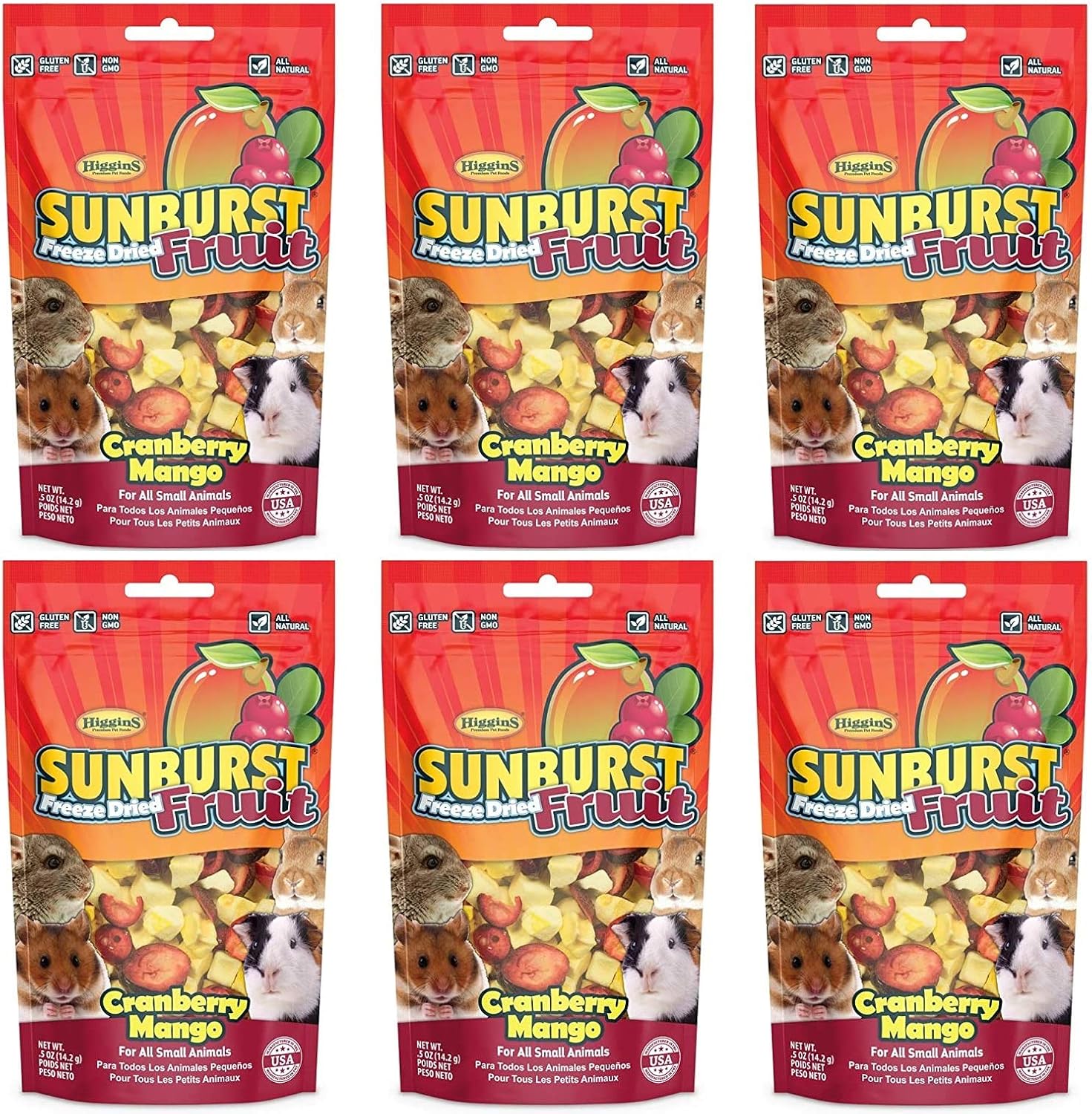 Higgins 6 Pack of Sunburst Cranberry Mango, 0.5 Ounces Each, Freeze-Dried Fruit for All Small Animals