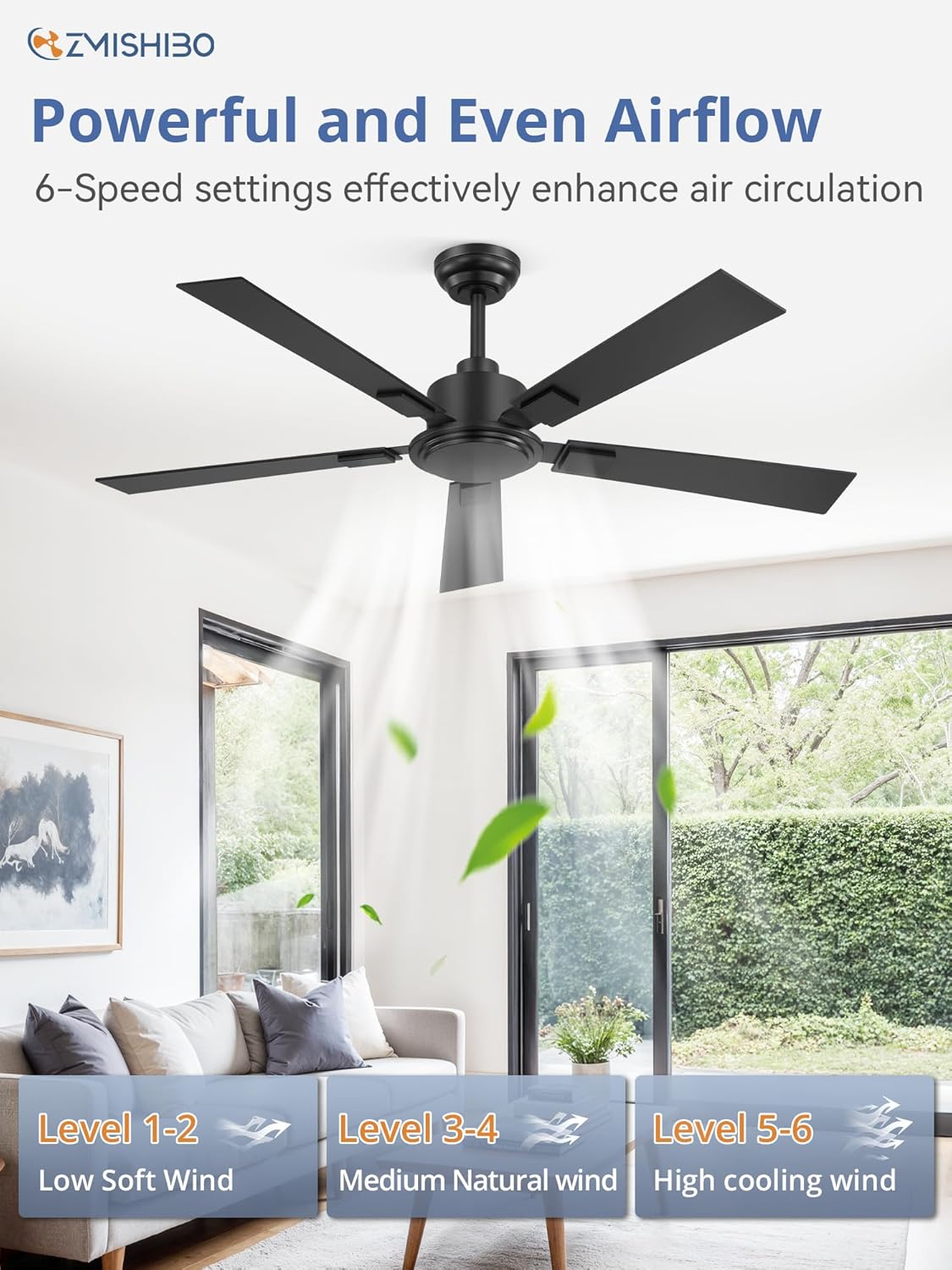 ZMISHIBO 52 Inch Ceiling Fan No Light with Remote, Black Ceiling Fan without Lights, Quiet Reversible DC Motor, 6-Speeds, Modern Ceiling Fans for Living Room, Bedroom, Patio, Indoor/Outdoor Use - Image 2