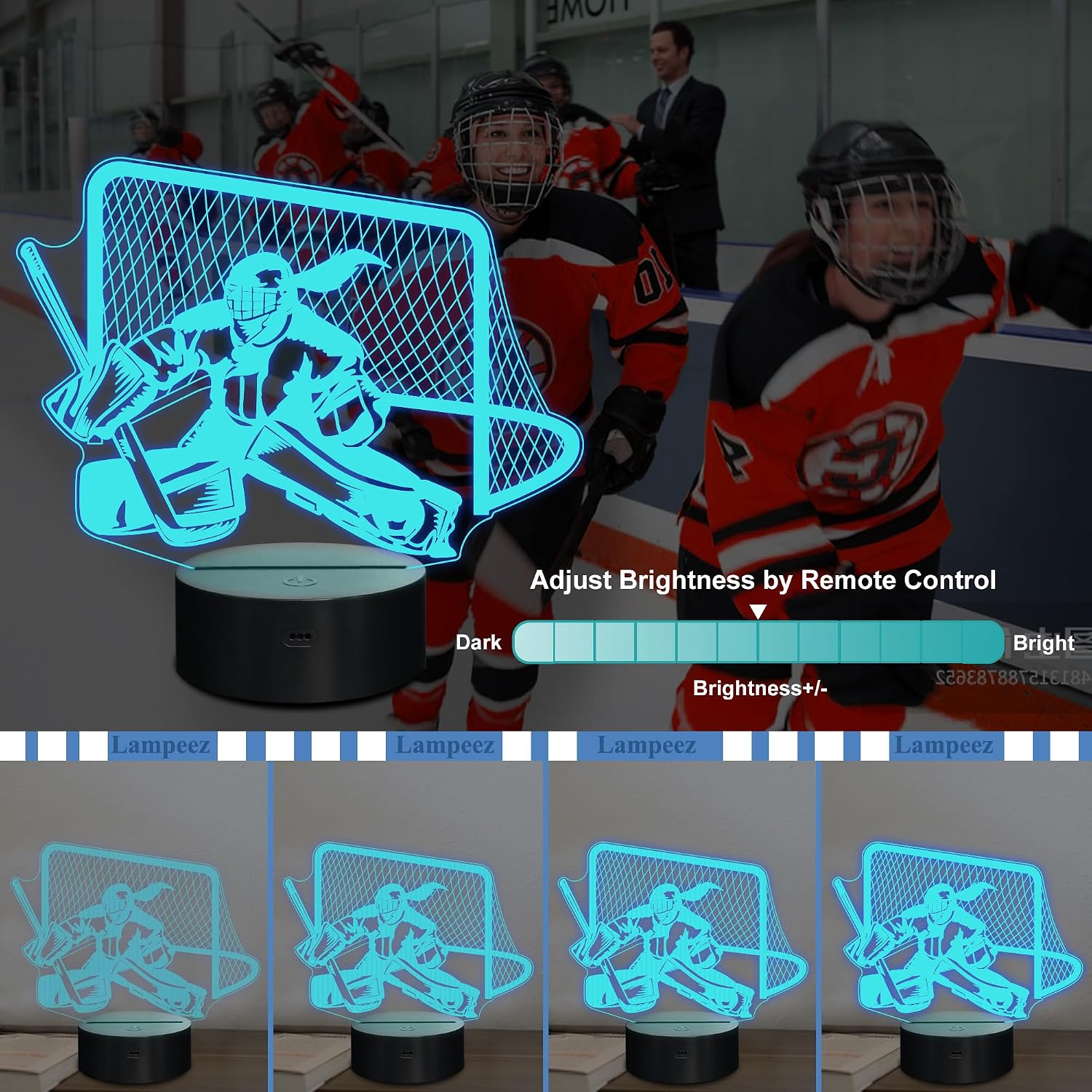 Lampeez Ice Hockey Goalie 3D Night Lights for Girls, LED 16 Colors Remote Control Changing Touch Dimmable Table Desk Lamp, Hockey Gifts for Female Hockey Goalie Sports Hockey Fans
