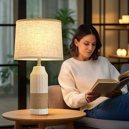 Miniatura 6 de GyroVu Juego de 2 lámparas de mesa de ratán bohemio, lámparas de mesita de noche para mesitas de noche, lámpara de mesa de ratán vintage de granja