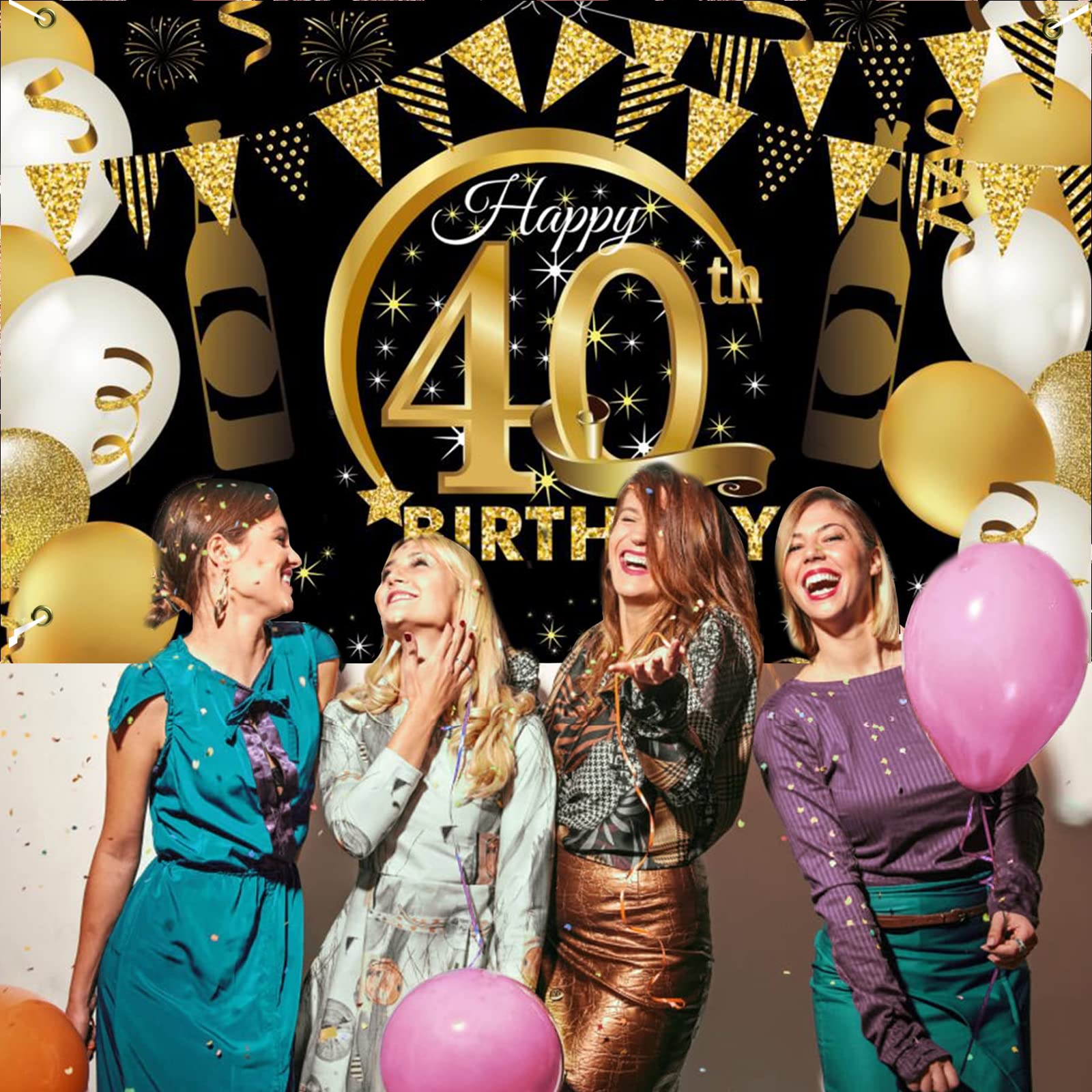 Banner per 40° compleanno, decorazioni per 40° compleanno, nero oro, sfondo per feste, striscione in tessuto, per uomini, donne, 40° compleanno, sfondo fotografico, decorazione da parete per tavolo da