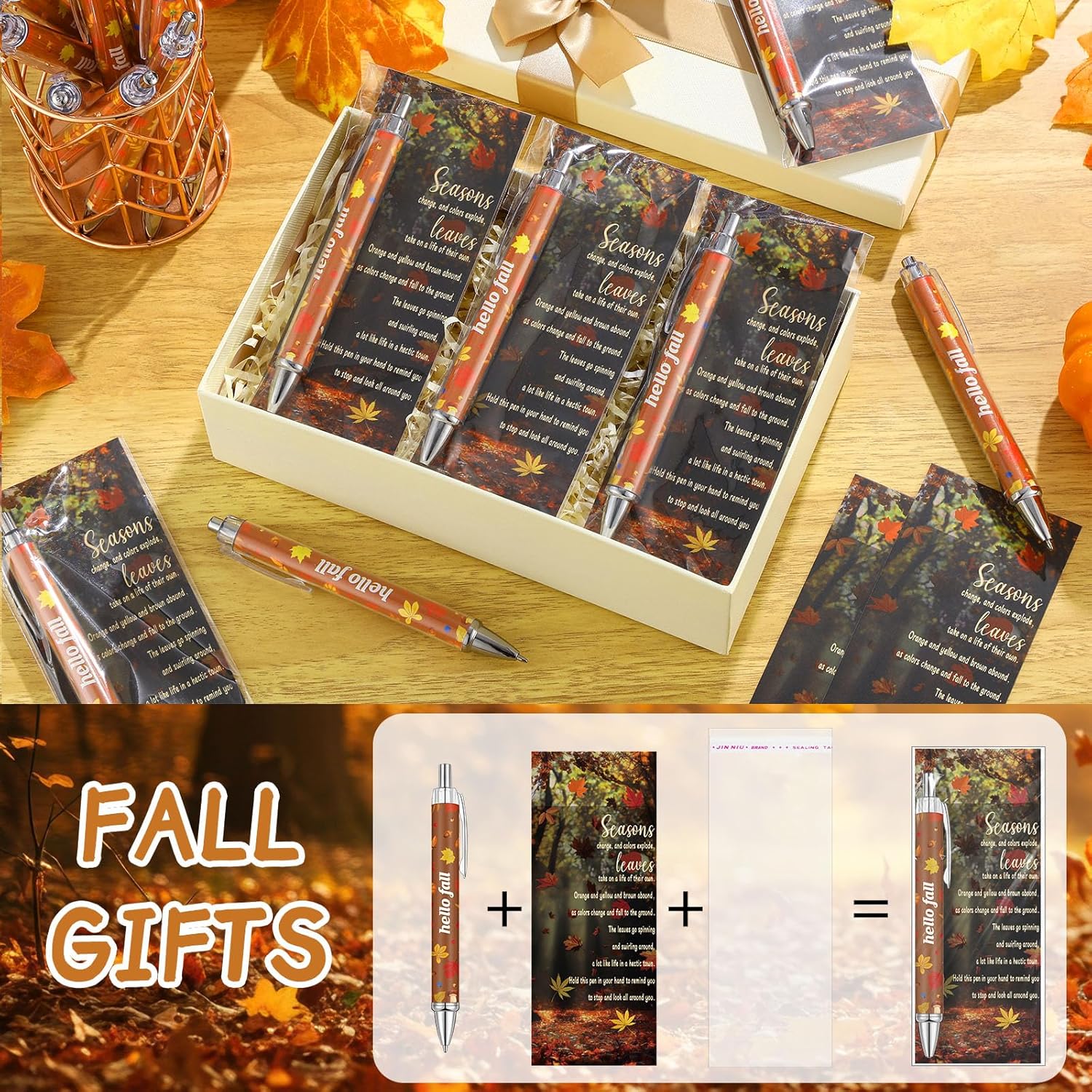 Sayglossy 150 Pcs Fall Pens Gifts Bulk, Include 50 Hello Fall Ballpoint Pens 50 Autumn Bookmarks and 50 Bag Autumn Party Favors Thanksgiving Gifts for Coworker Office Supplies