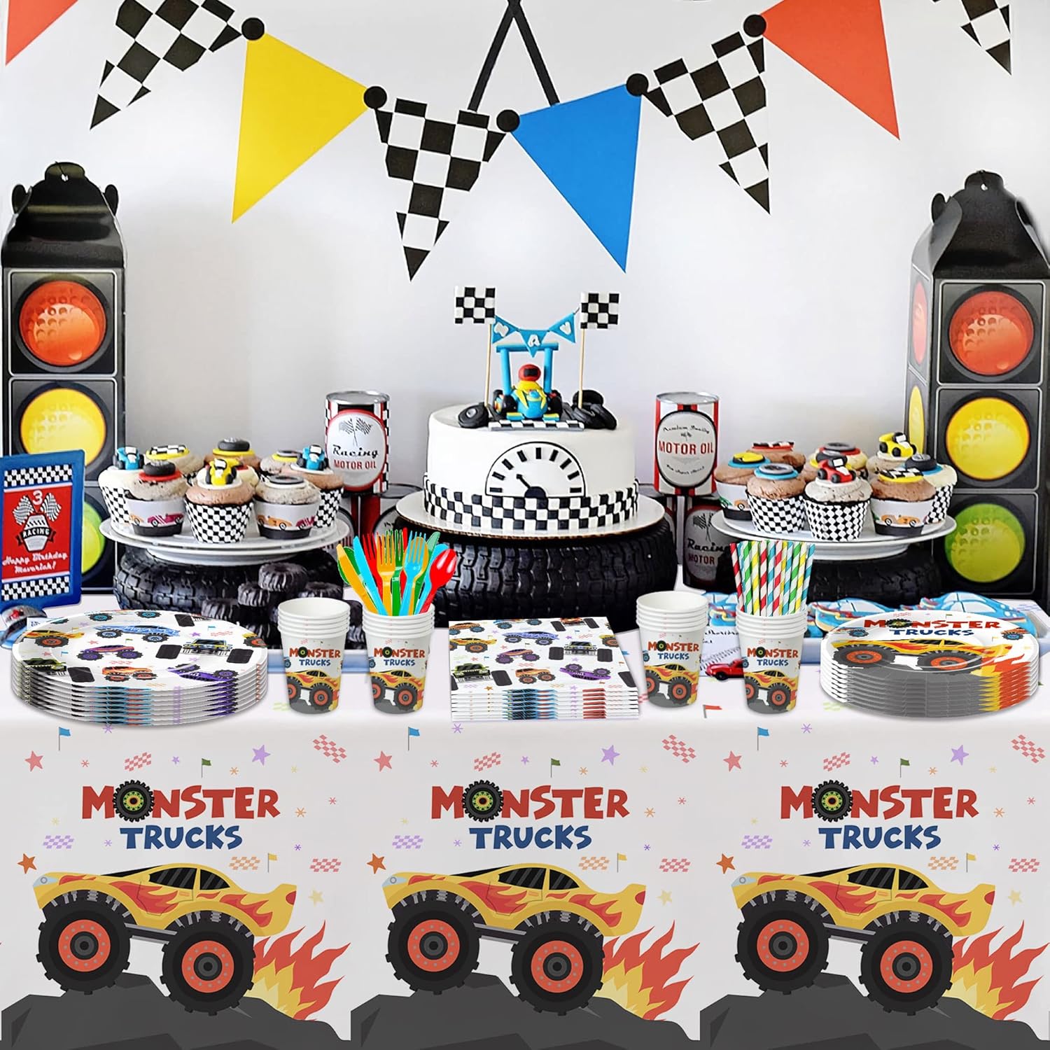 APOWBLS Monster Truck Birthday Party Supplies, Monster Theme Jam Party Decorations Tableware, Plate, Napkin, Tablecloth, Fork, Monster Truck Birthday Plate And Napkin Decorations Dinnerware | Serve 24 - Image 5