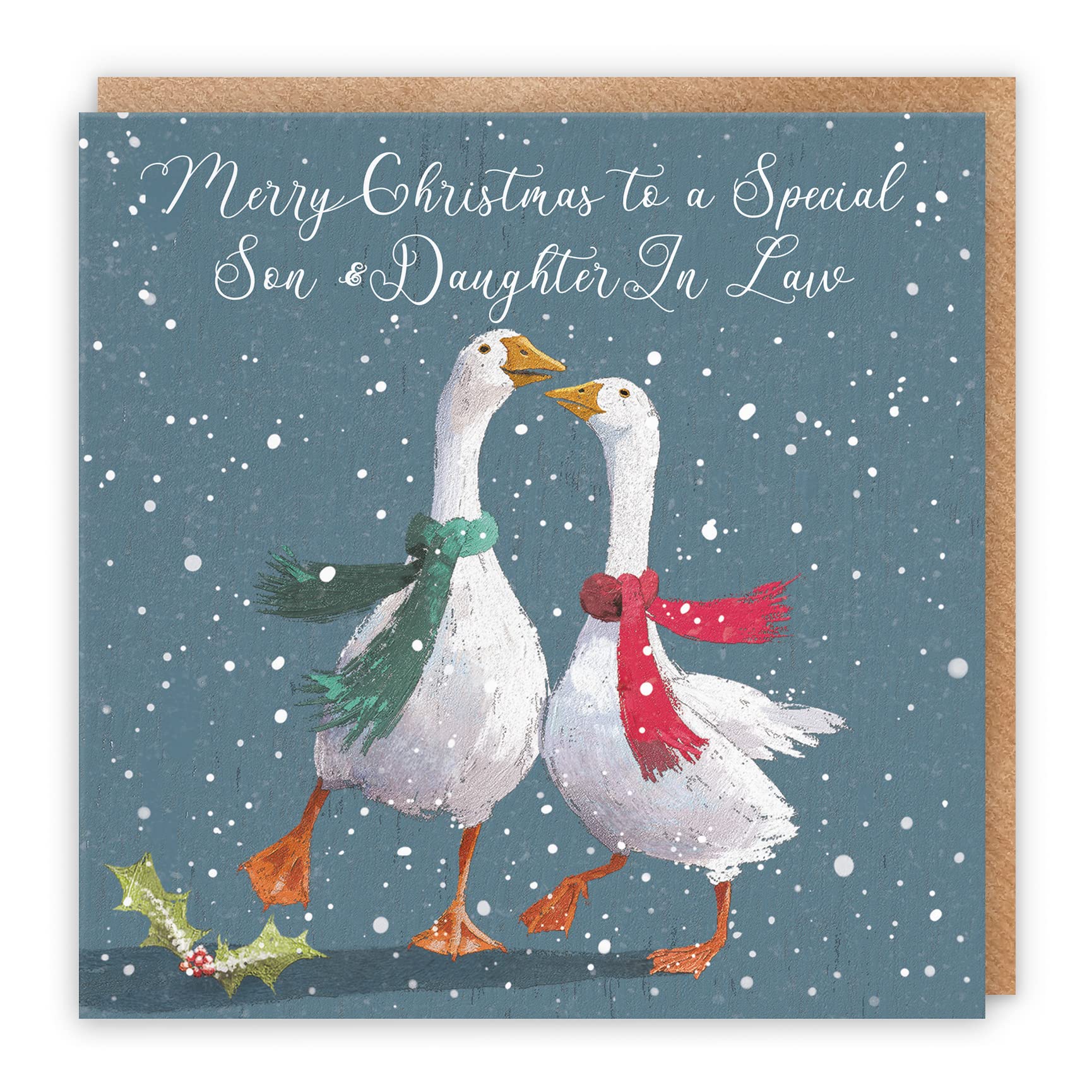 Hunts England Son And Daughter In Law Stunning Luxury Artistic Christmas Card - Merry Christmas To A Special Son & Daughter In Law - Festive Geese - Milo's Gallery Collection