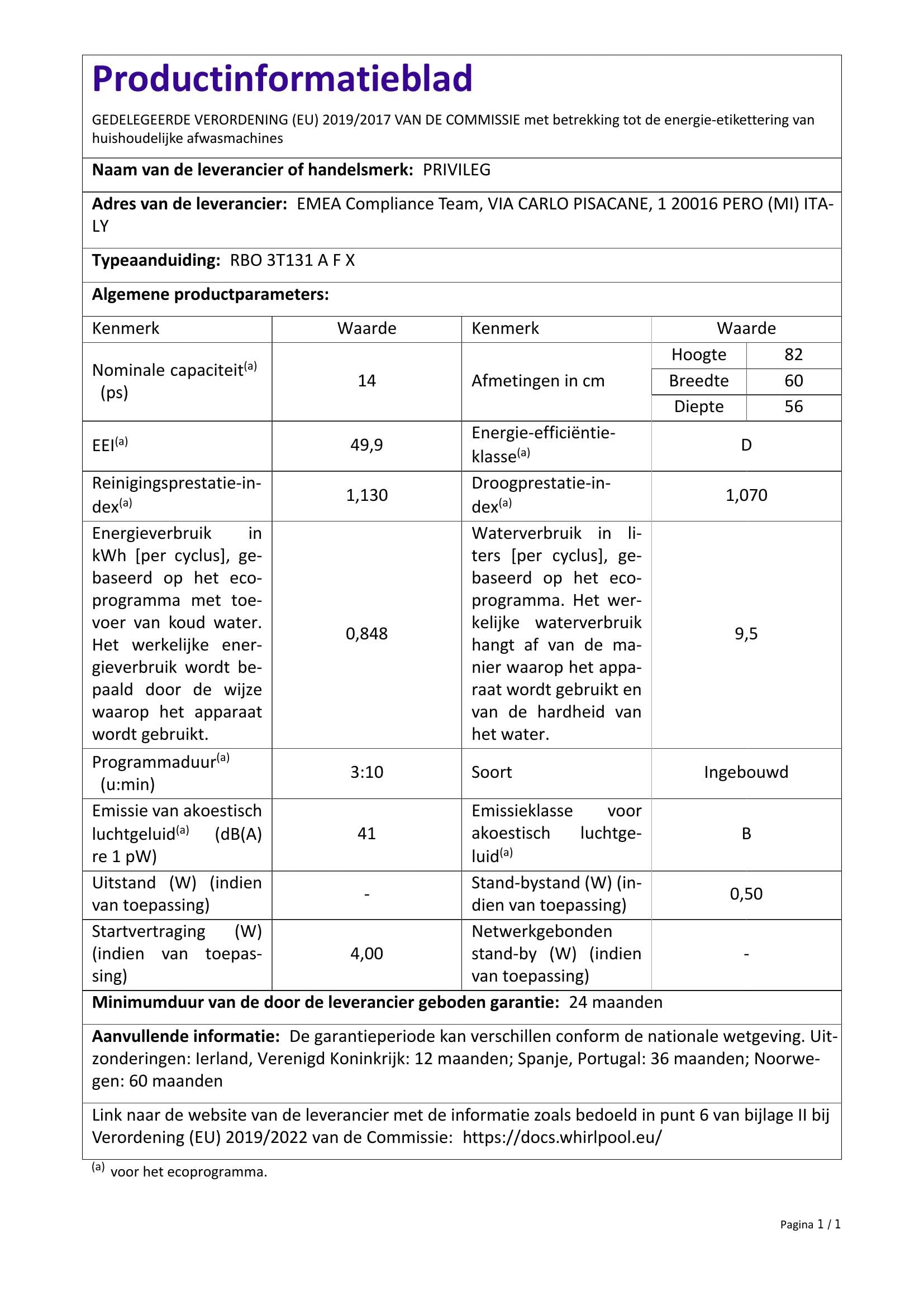 Privileg RBO 3T131 A F X Integrierbarer Geschirrspüler 60 cm 41 dB Fast&Clean 28' Auto Door Push&Go Intensivprogramm Startzeitvorwahl Vollwasserschutz