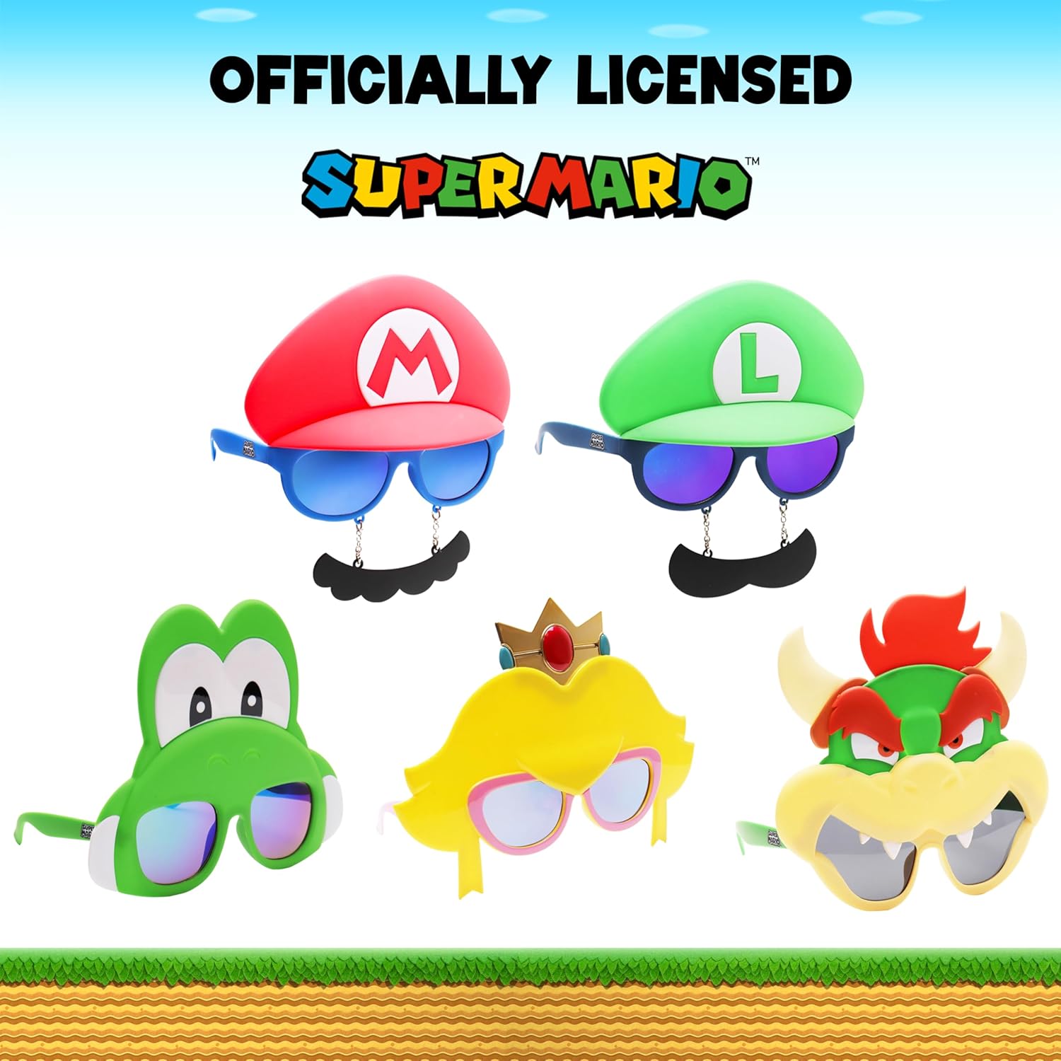 Sun-Staches Official Super Mario Sunglasses | Mario Luigi Peach Bowser Yoshi Wario or Waluigi Costume Accessory | Fits Most