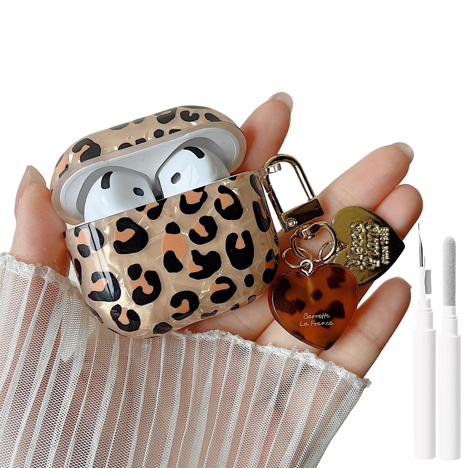 MINSCOSE for AirPods 4 Case,Cool Glitter Leopard Shell Pattern Design with Stylish Heart Shaped Keychain,Soft TPU Protective Cover with Cleaner Kit for AirPods 4-Cold