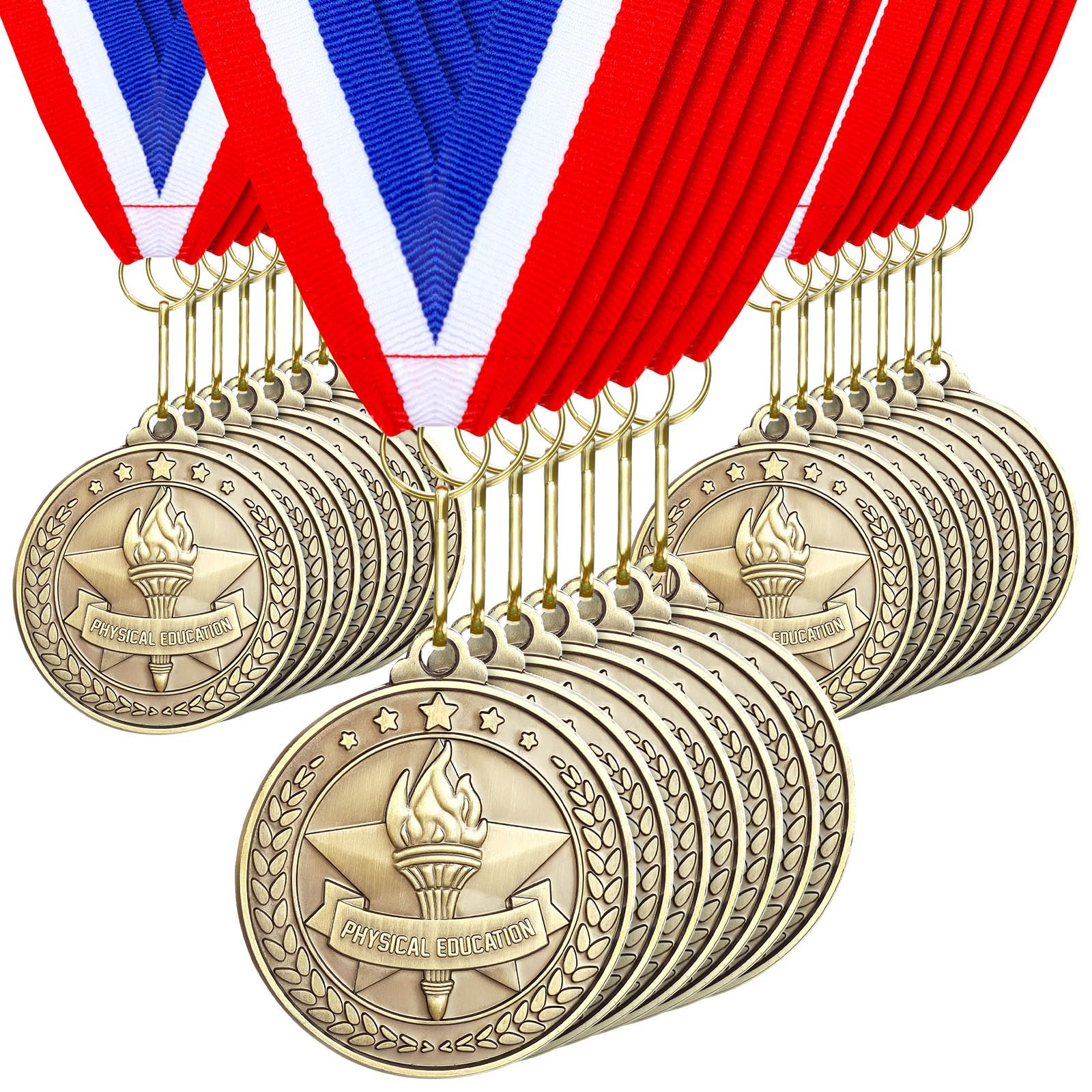 Quelay 30 medallas de premio de 2 pulgadas a granel con cintas para el cuello, trofeo de metal, regalo para torneos, competiciones, fiestas, niños y adultos (educación física)