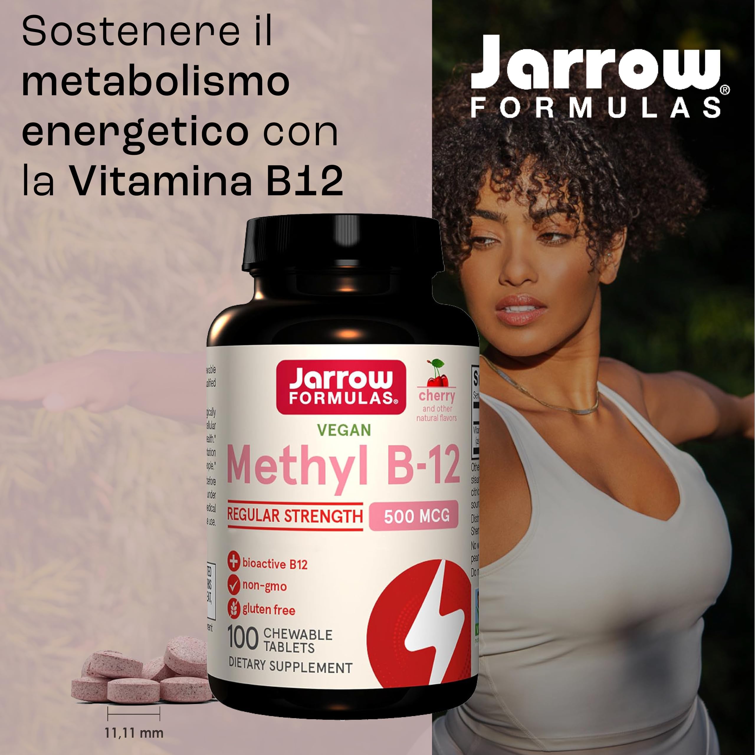 Jarrow Formulas, Methyl B12, 500mcg, Gusto Ciliegia, 100 Compresse masticabili vegano, Testato in Laboratorio, Senza Glutine, Vegetariano, Senza Soia, Senza OGM