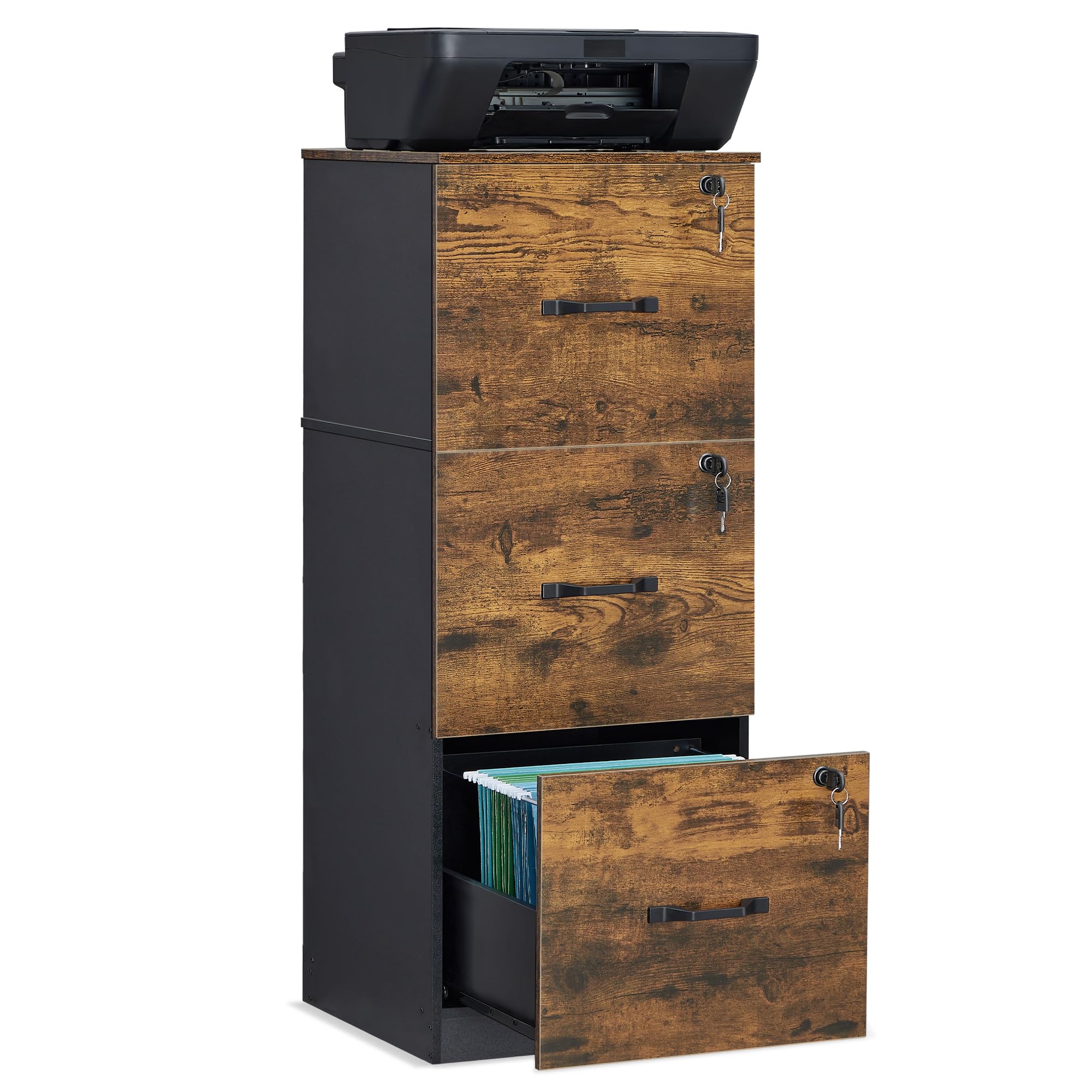 VASAGLE Meuble de Bureau, Meuble de Rangement, Support pour Imprimante, avec 3 Tiroirs Verrouillables, Tringles Réglables, Compatible avec Formats A4, Marron Rustique et Noir OFC055B01