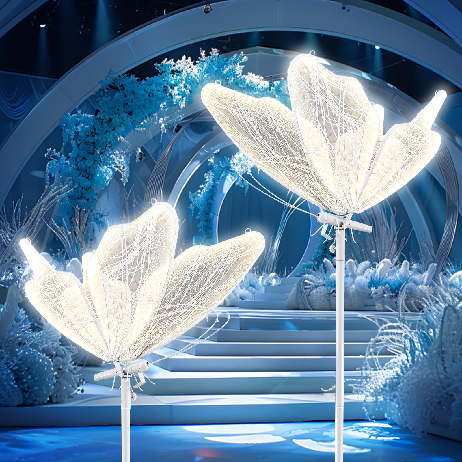 Butterfly Floor Lamp for Wedding Decor - 3 Color LED Ambient Lighting, Wall/Ceiling Mounted Romantic Party Lamp, Iron & Lace Design (23.6in, 2 PCS)