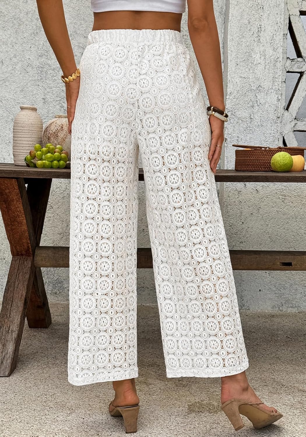 Women's Floral Lace Sheer Mesh Pants Elastic High Waisted Wide Leg Sexy Beach Cover Up Long Flare Trousers