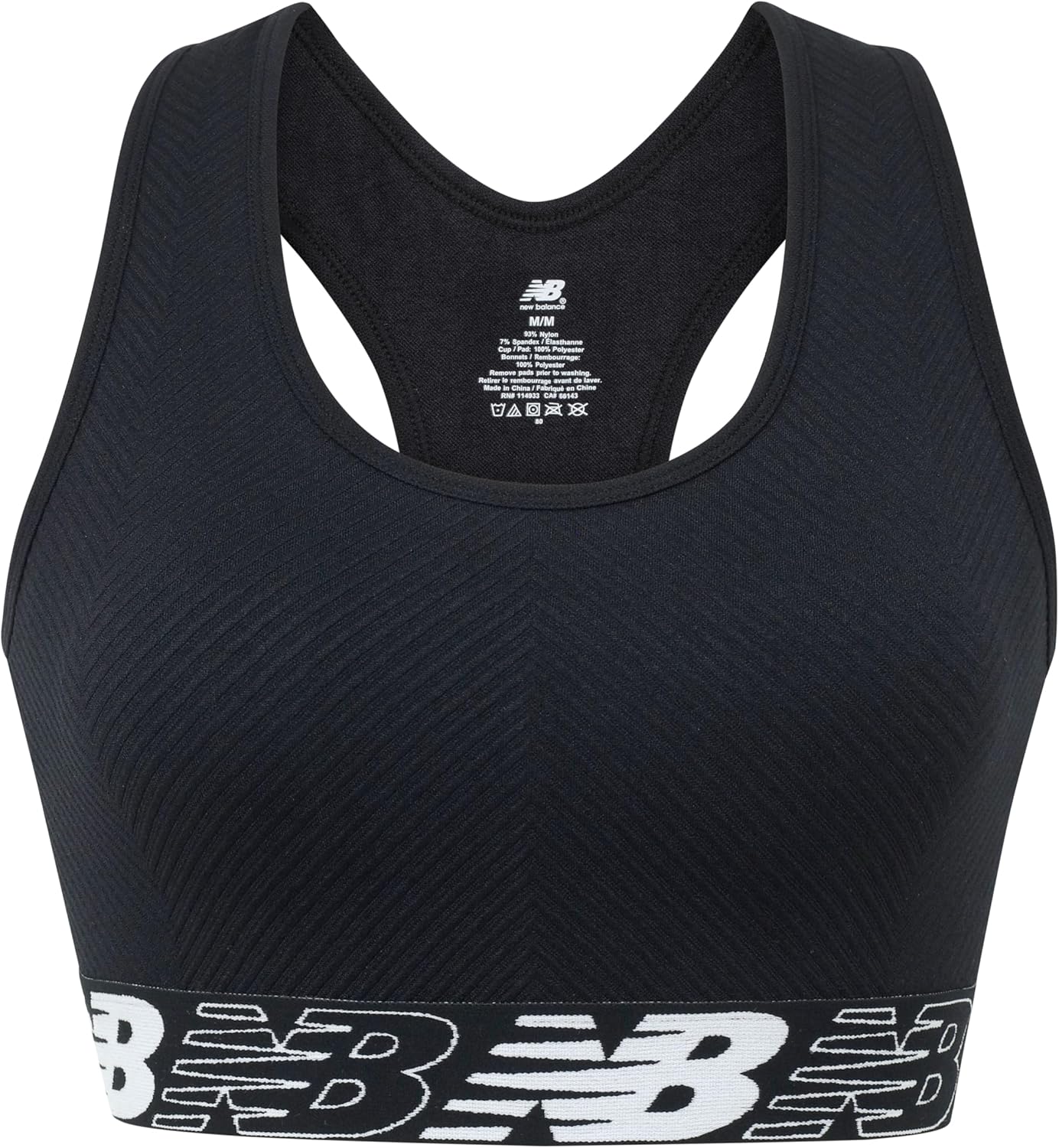 New Balance Womens Seamless Wirefree, Racerback Sports Bra with Removable Pads, Bottom Band with Logo