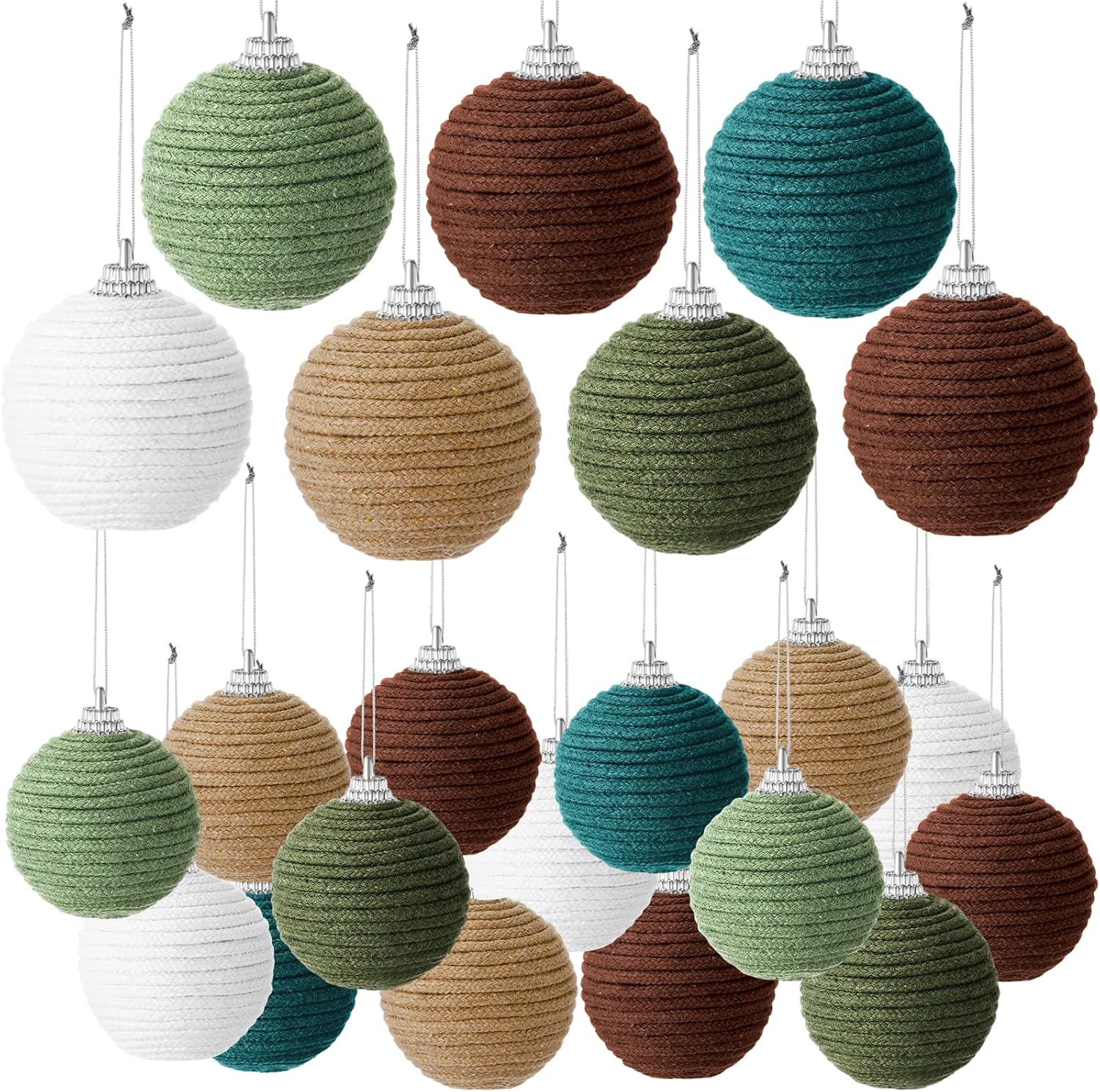 Syhood 18 Pcs Boho Christmas Green and Brown Ball Ornaments 2.36" Neutral Jute Rope Christmas Tree Hanging Ornaments Rustic Knitted Burlap Decoration for Xmas Wreath Decor, 6 Colors