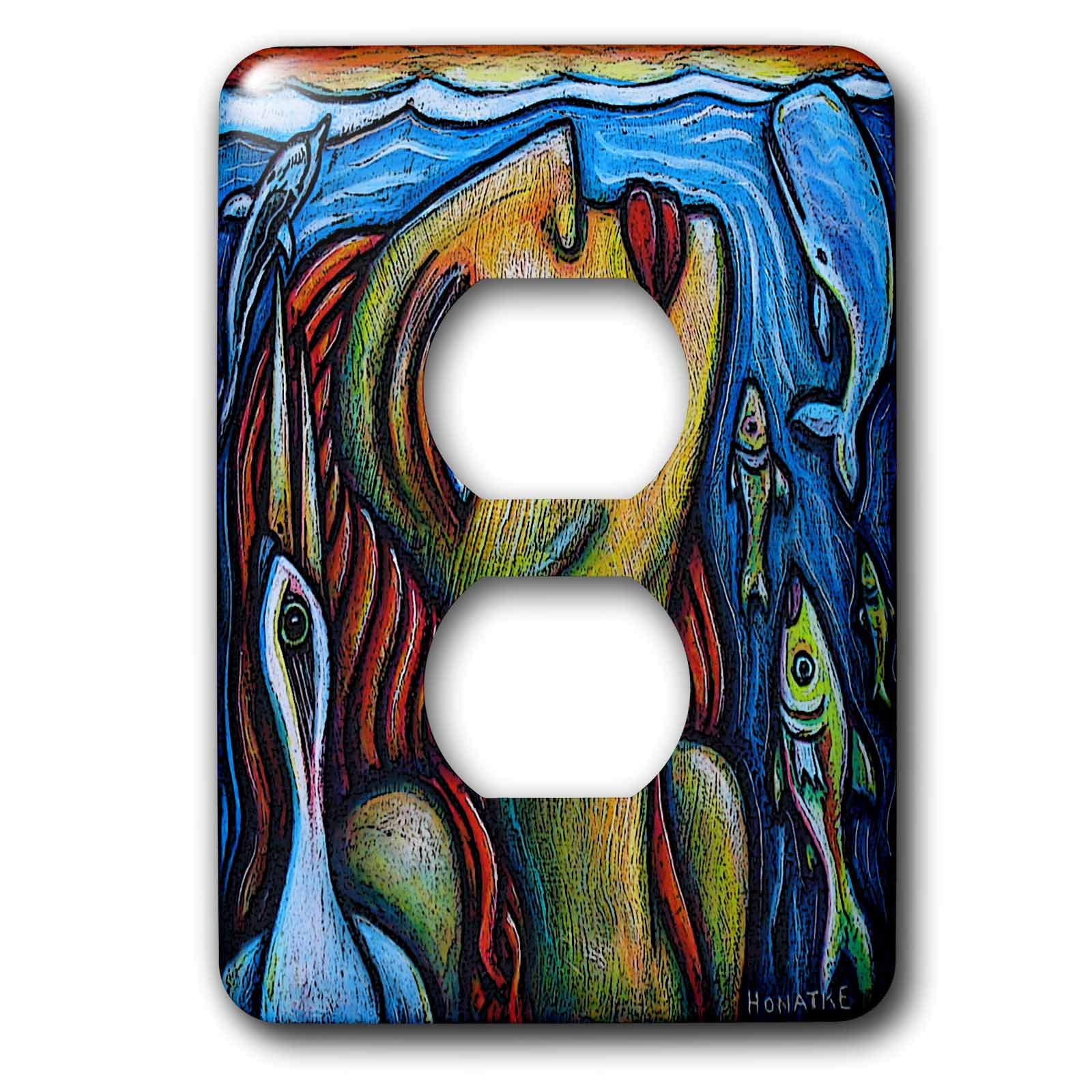 Poisson coloré et oiseau artistique sur plaque d'interrupteur double 3dRose lsp_21130_6