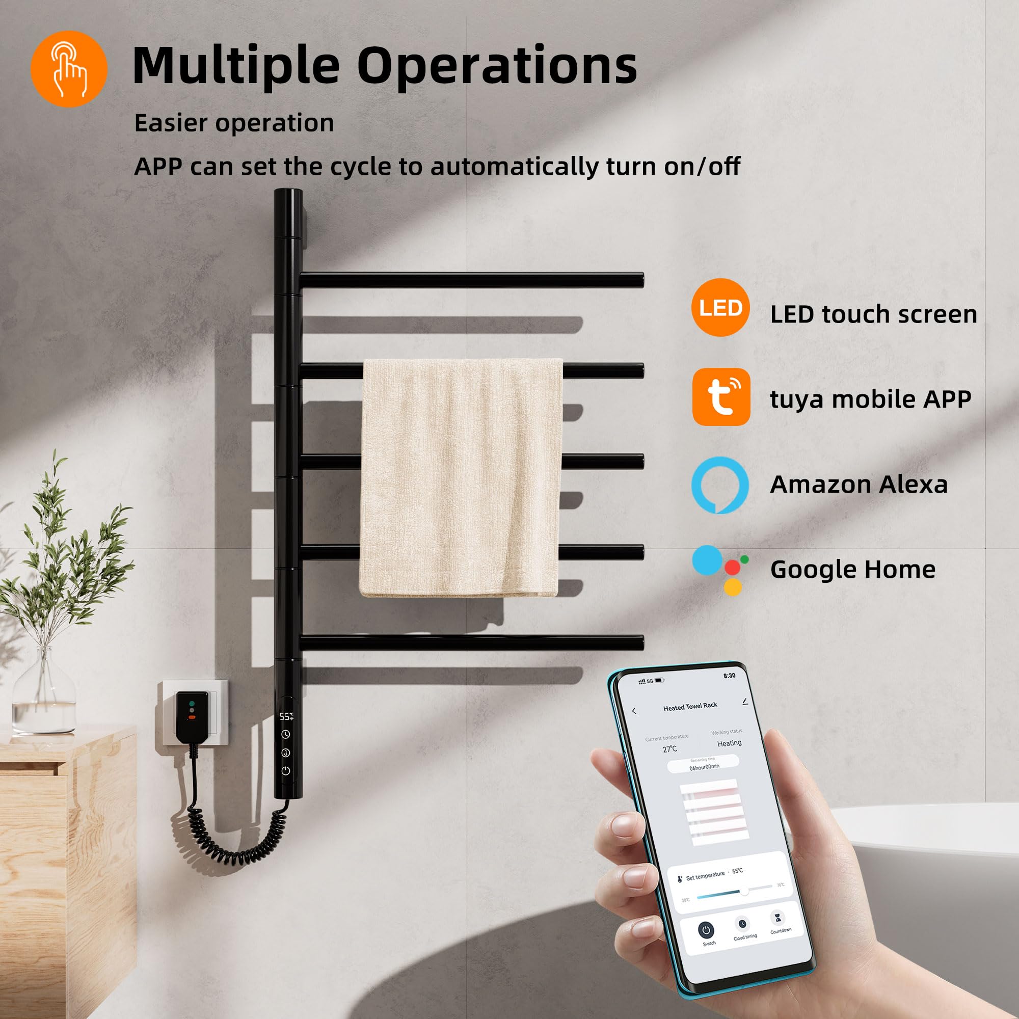 Radiador Toallero Eléctrico para Baño, Rotación de 180° Secatoallas eléctrico, 415 x 680mm, 85W, WiFi Negro Toallero Electrico Baño, Calentador Toallas, Secatoallas, Ahorro de energía-G63 WiFi Black