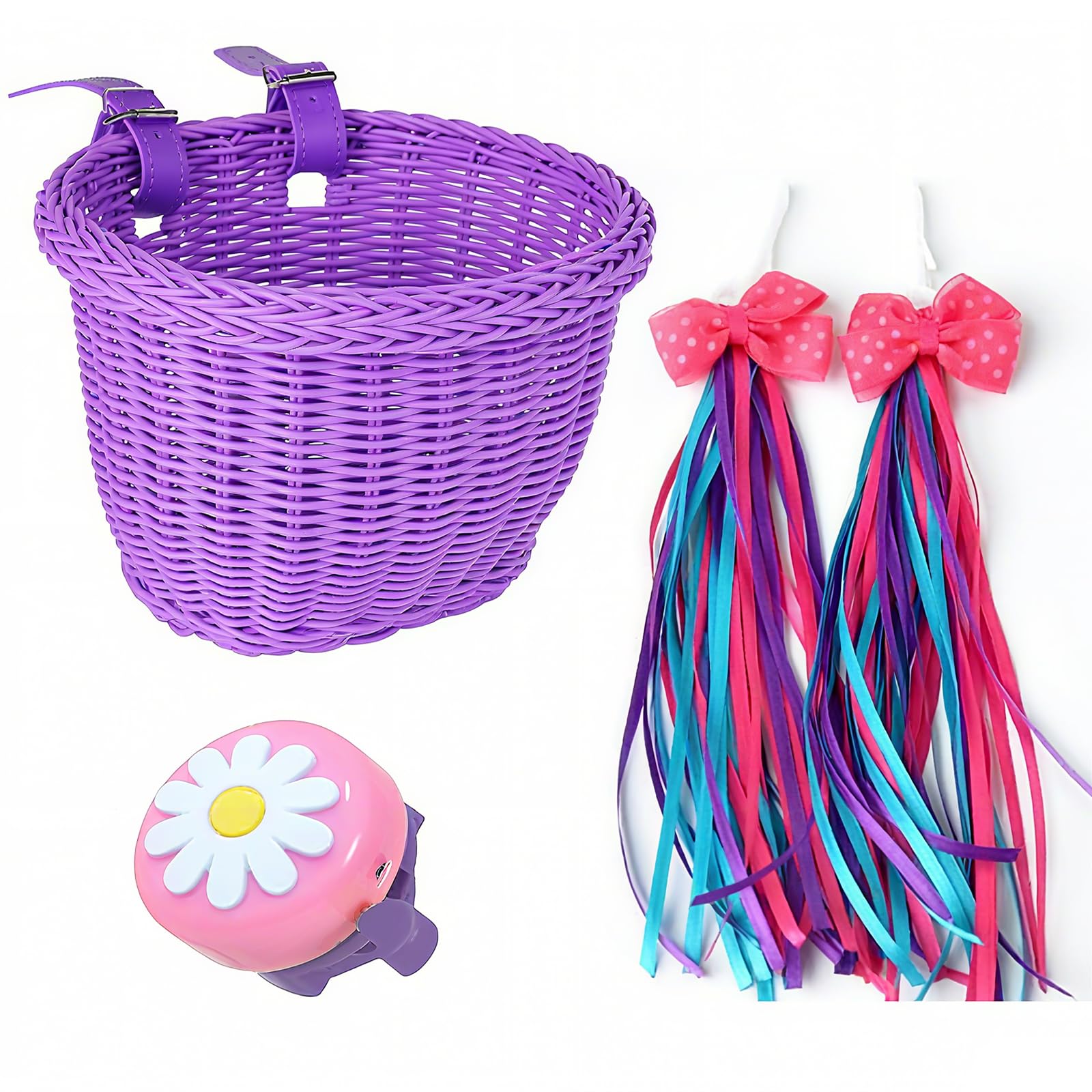 SVNR Kids Bike Basket, Girl Bike Basket Purple Handwoven, Bike Baskets for Kids, Children Cycling Basket with Leather Straps, Bowknot Streamers and Bell Easy Install Detachable