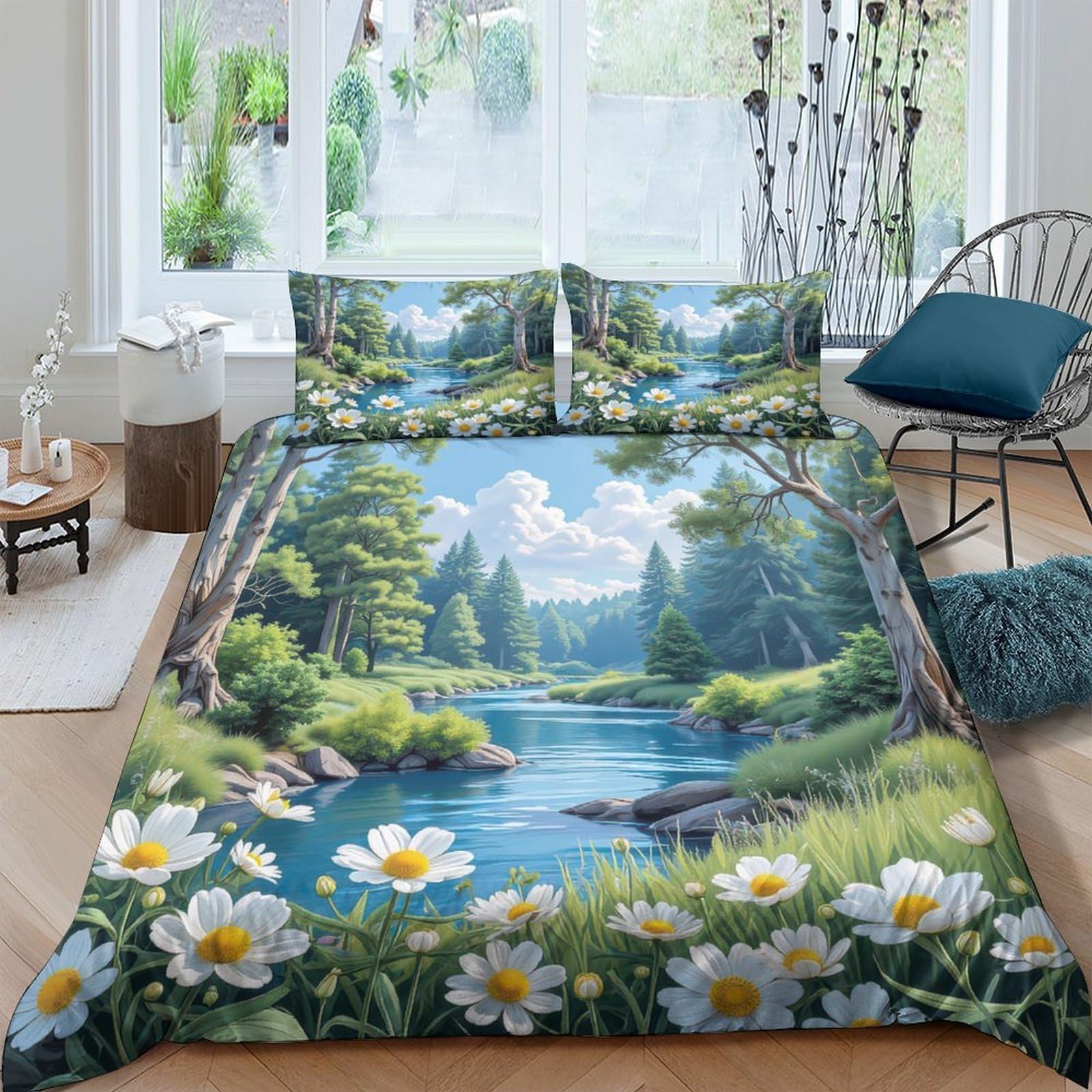 Ctjqhvkz Style-2 3D Printed Forest River Fitted Sheet Microfiber Floral Meadow Bed Cover For Adult Bedroom Dorm Mattress Protection Decor Single（135X200cm）