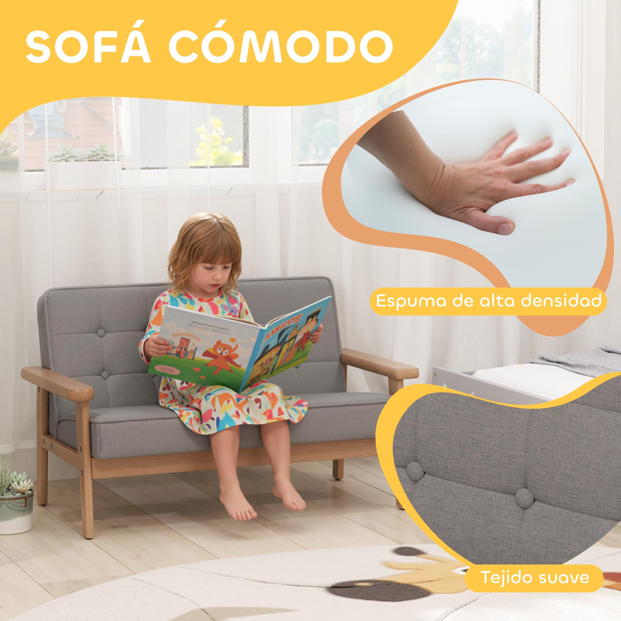 AIYAPLAY Sofá para Niños de 2 Plazas, Sillón Infantil de Felpa Suave con Estructura de Madera, Asiento y Respaldo Acolchados, Reposabrazos, para Niños de +3 Años, para Dormitorio, Sala de Juego, Gris