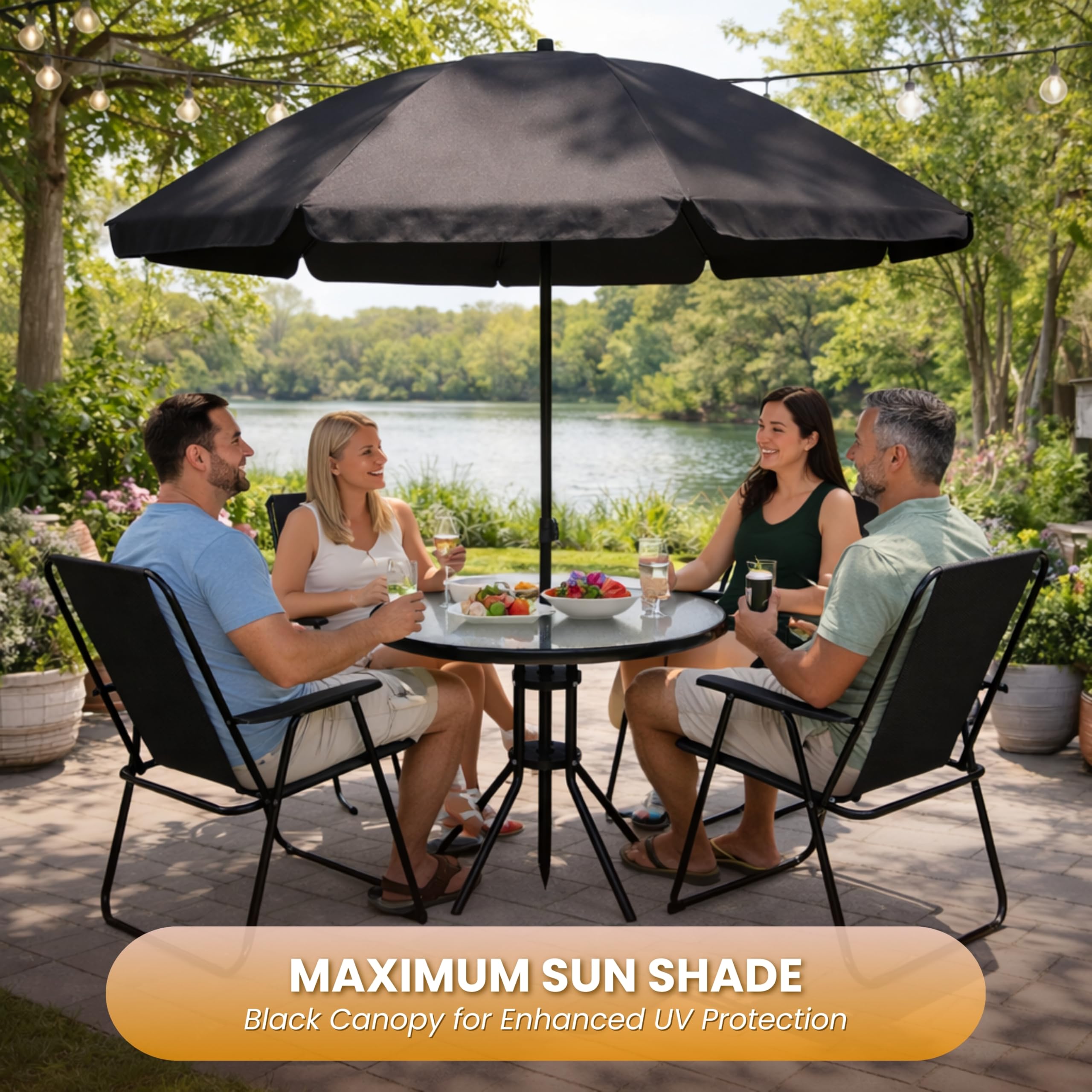 Garden Mile Moderno juego de muebles plegables de 6 piezas, resistente a la intemperie, sombrilla y 4 sillas, accesorios decorativos para interiores y exteriores para balcón, patio y jardín (negro)