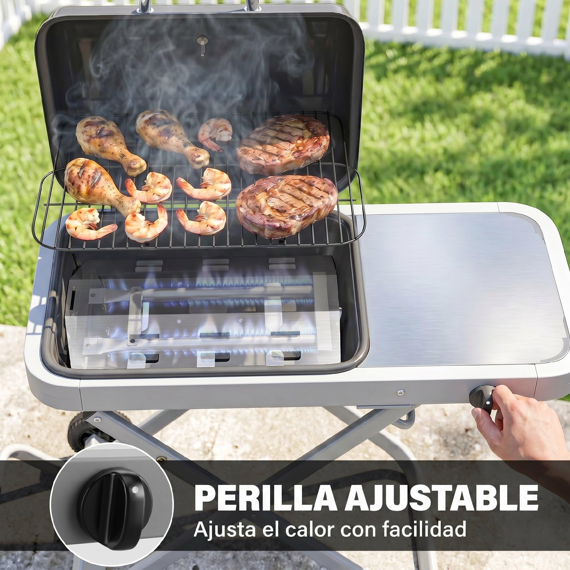 Outsunny Barbacoa de Gas Plegable, BBQ Gas con Quemador 2,5 kW, Barbacoa Portátil con Termómetro, Mesa Lateral, Parrilla de Hierro Fundido, Recogedor Grasa y 2 Ruedas para Jardín, Camping, Negro