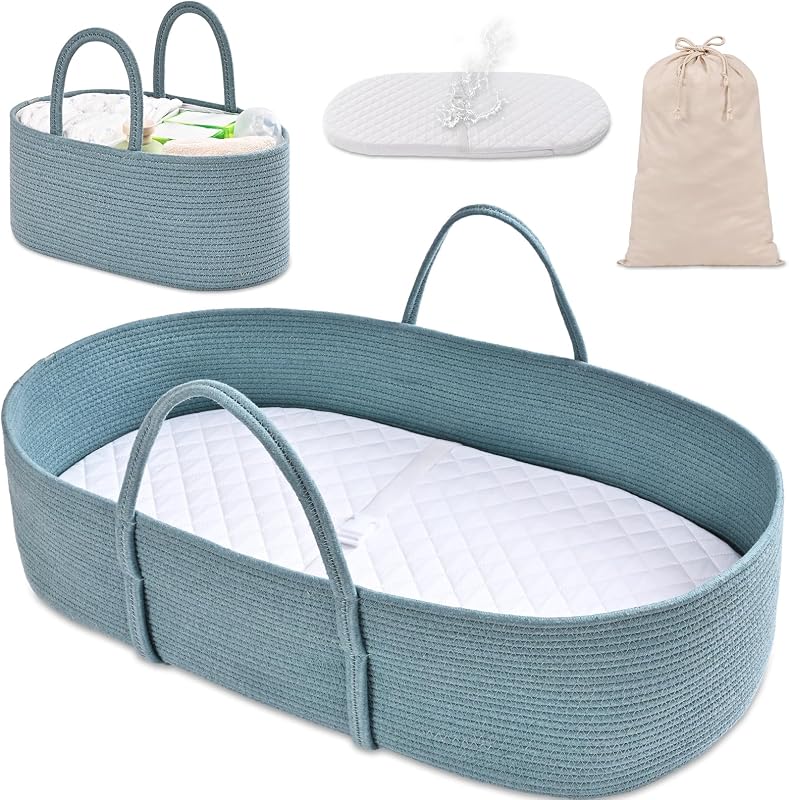 Juego de cestas cambiadoras, cesta Moisés con almohadilla y organizador para pañales, juego de 2 cestas, cesta tejida de cuerda de algodón portátil, almohadilla para el cuidado del bebé, regalos para recién nacidos 28.7" x 15.7" x 7.8" (verde)