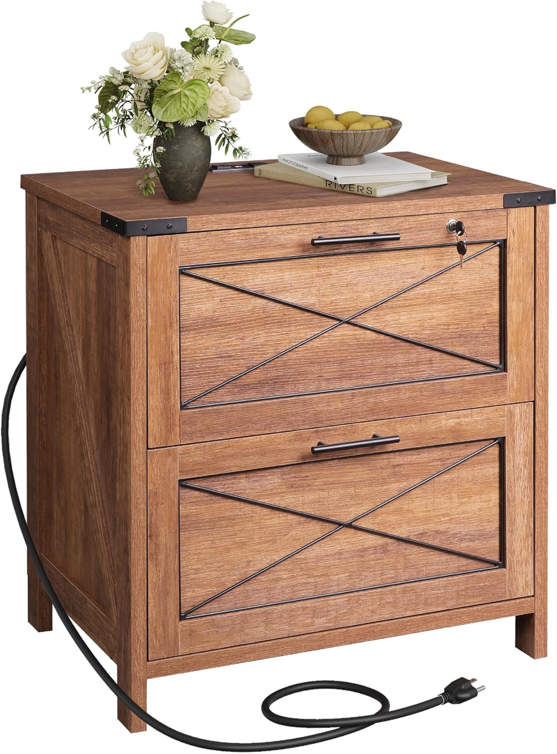 DEVAISE Lateral File Cabinet with Lock, 2 Drawers & Charging Station, Farmhouse Wood Printer Stand with Large Storage, Fits A4/Letter/Legal Hanging Files, Oak