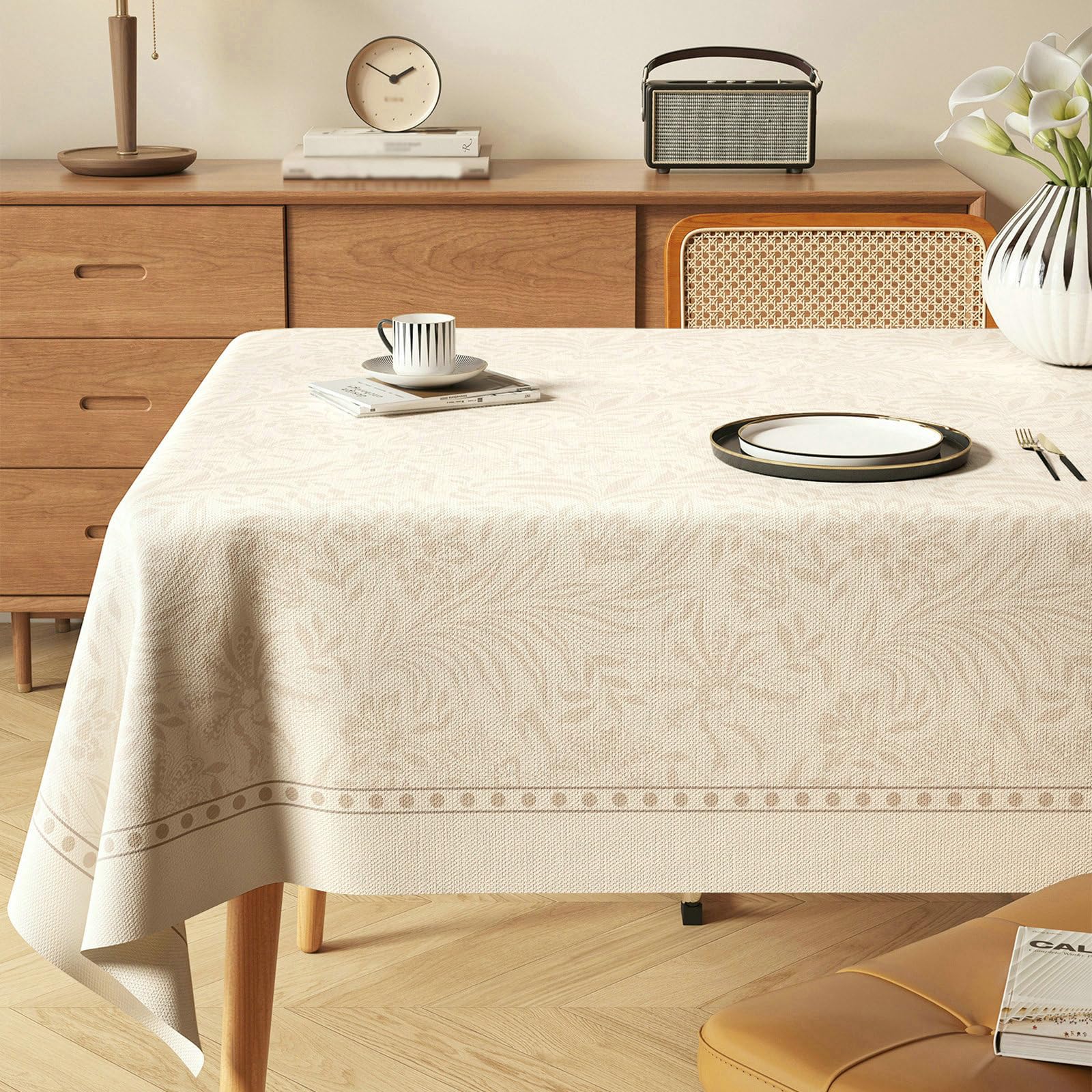 Gualiy Nappe PVC Rectangulaire 140x300cm, Feuilles Fleur, Beige