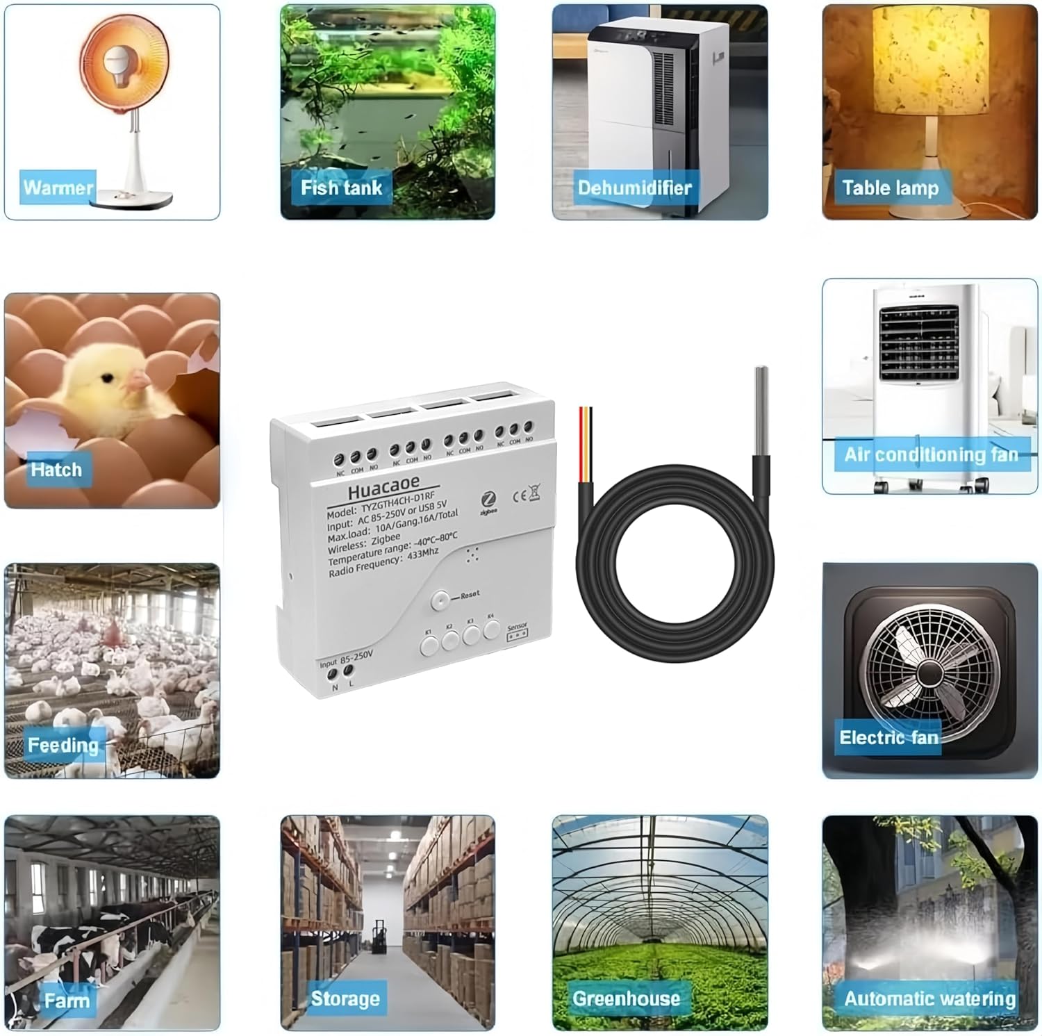 Zigbee 4CH Temperature Monitoring Switch,120V Dry Contact Smart Relay Module,Tuya App Remote Control,with Waterproof Sensor Probe(Tuya Zigbee hub needed)