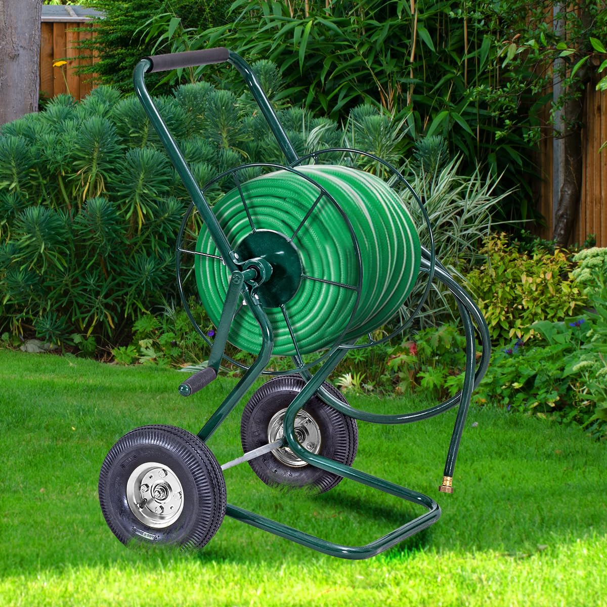 SOARS Schlauchwagen Metall, Schlauchaufroller für 3/4" Schlauch, Schlauchtrommel mit tropffreie Drehdurchführung & Kurbel & Gummirädern, Gartenschlauchwagen mit 188 cm Anschlusschlauch
