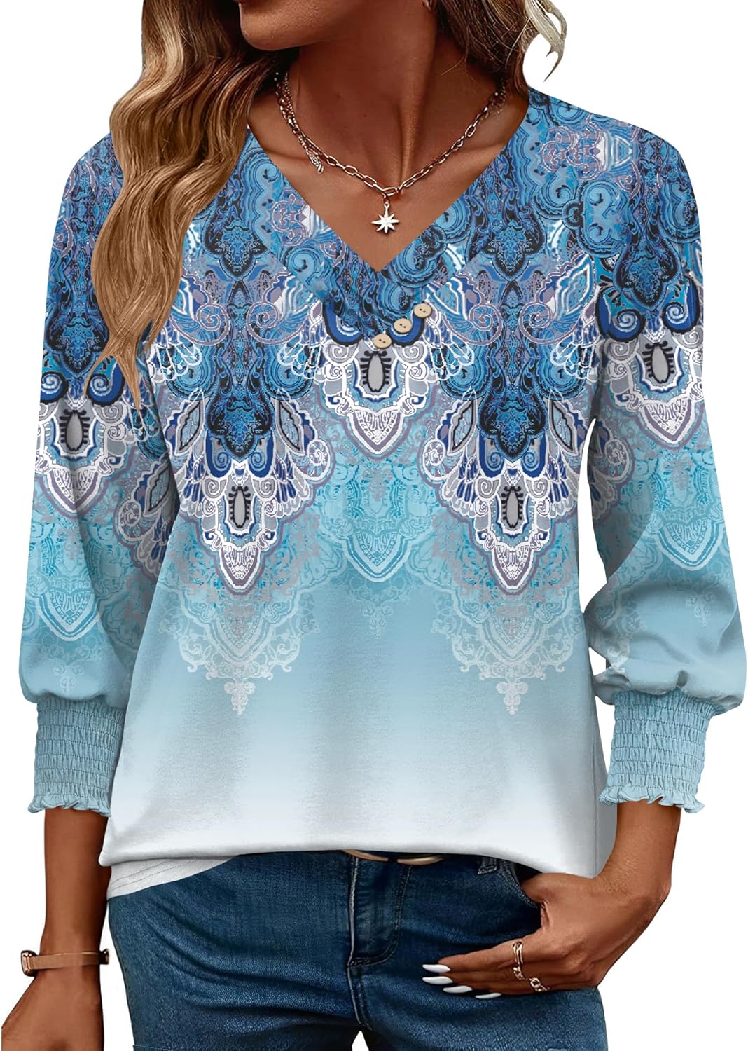 LOMON Blouses for Women Dressy Casual 3/4 Length Sleeve Womens Tops with Buttons Decor - Image 2