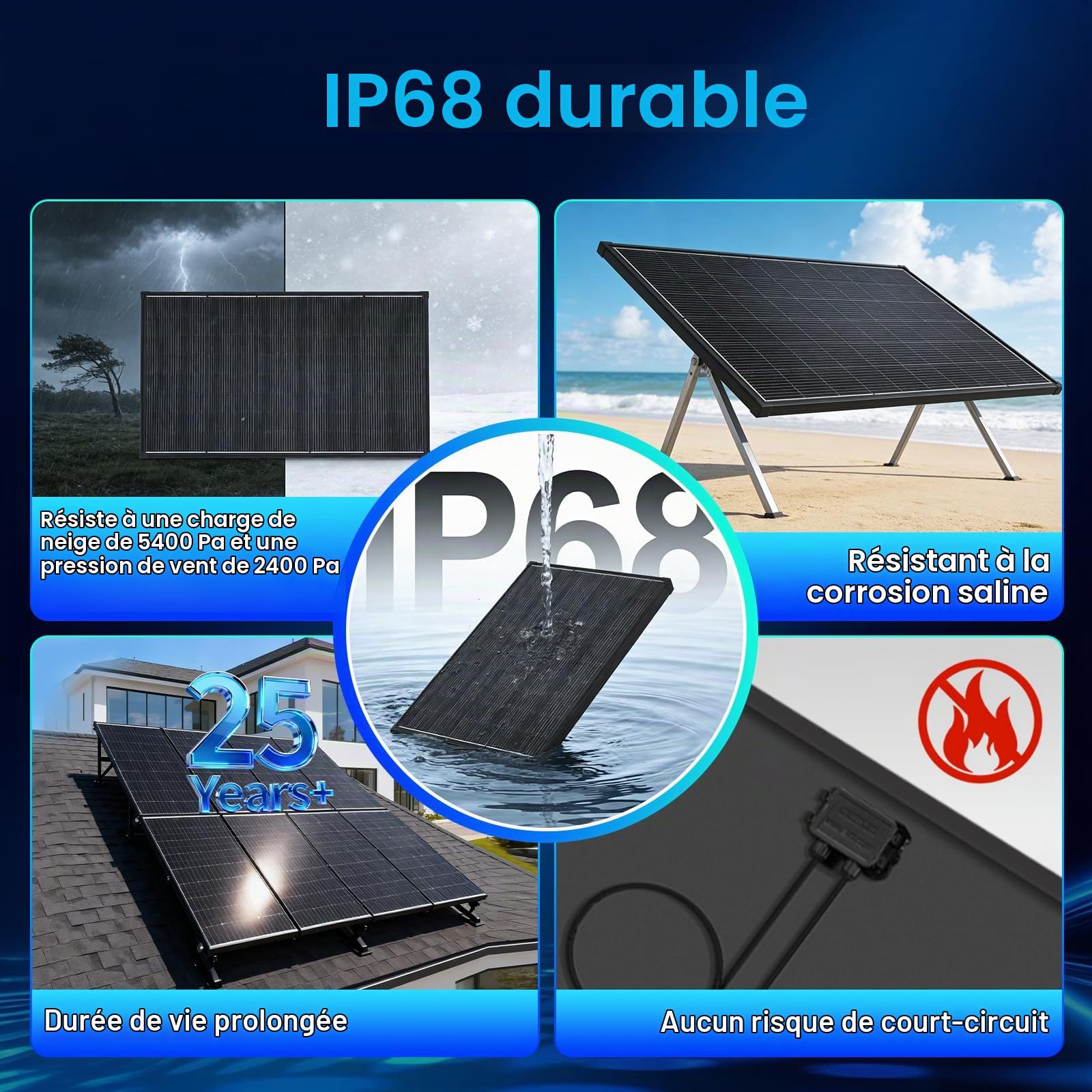 Panneau solaire 200W Full Black 12V, 18BB A+ cellules monocristallines de type N, 25% haute efficacité, IP68 étanche pour toit, camping-car, ferme, remorque, marine, maison hors réseau(134x67cm)