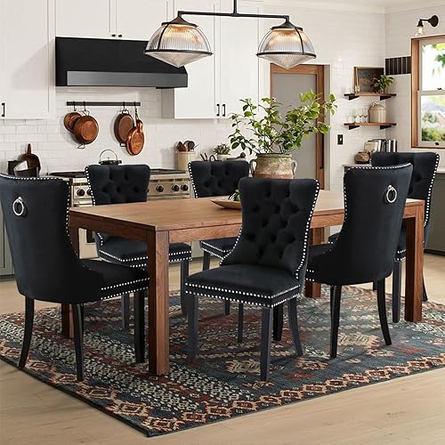 Miniatura 122 de Juego de 6 Sillas de Comedor Tapizadas en Terciopelo, Sillas Laterales de Cocina de Estilo Moderno con Ribete de Tachuelas y Patas de Madera, Anillo