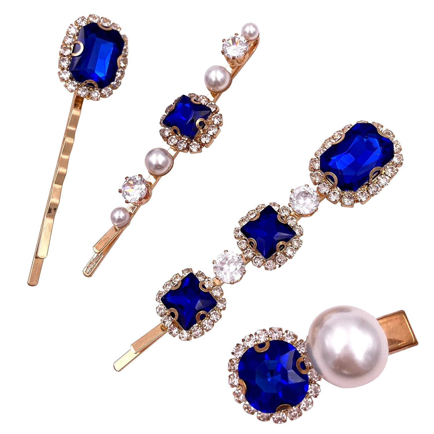 4-Pack Vintage Sapphire Blue Crystal Pearl Gold Bobby Pins