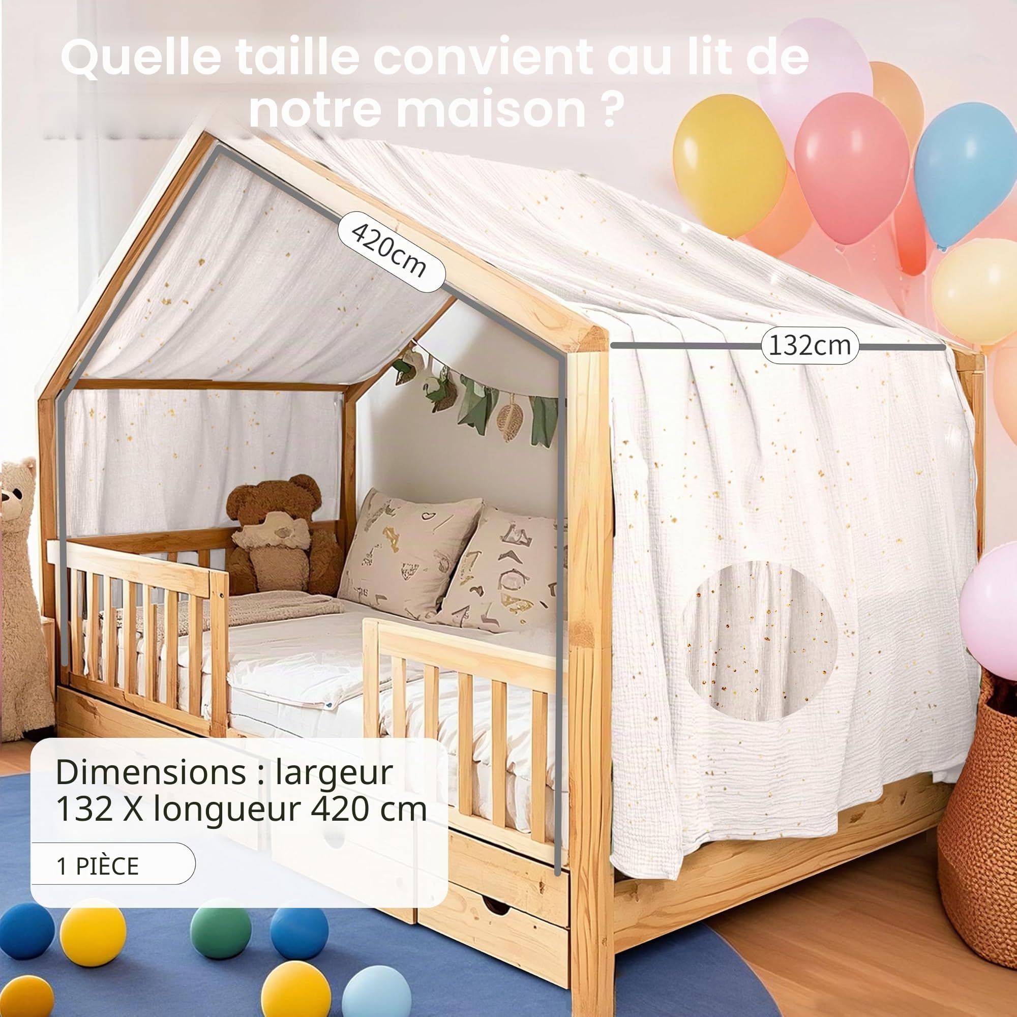 Home Housse de Couette avec Applique Dorée, Fait à la Main en 100% Mousseline de Coton, Ciel en Tissu pour Décoration de Lit Maison, Convient aux Filles Et Garçons (Blanc, 132x420cm)
