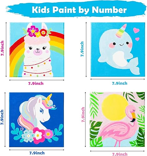 Miniatura 2 de WATINC Paquete de 4 pinturas de dibujos animados por números con marco de madera, kit de pintura de animales por números para principiantes, pintura