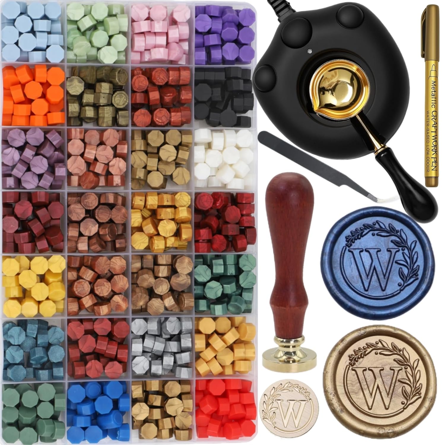 732 Pcs Sealing Wax Stamp Kit with Electric Wax Seal Warmer, Initial Alphabet W Seal Stamp, Assorted Color Waxseal Beads, Spoon, Letter Sealingwax Stamp Kit (W)