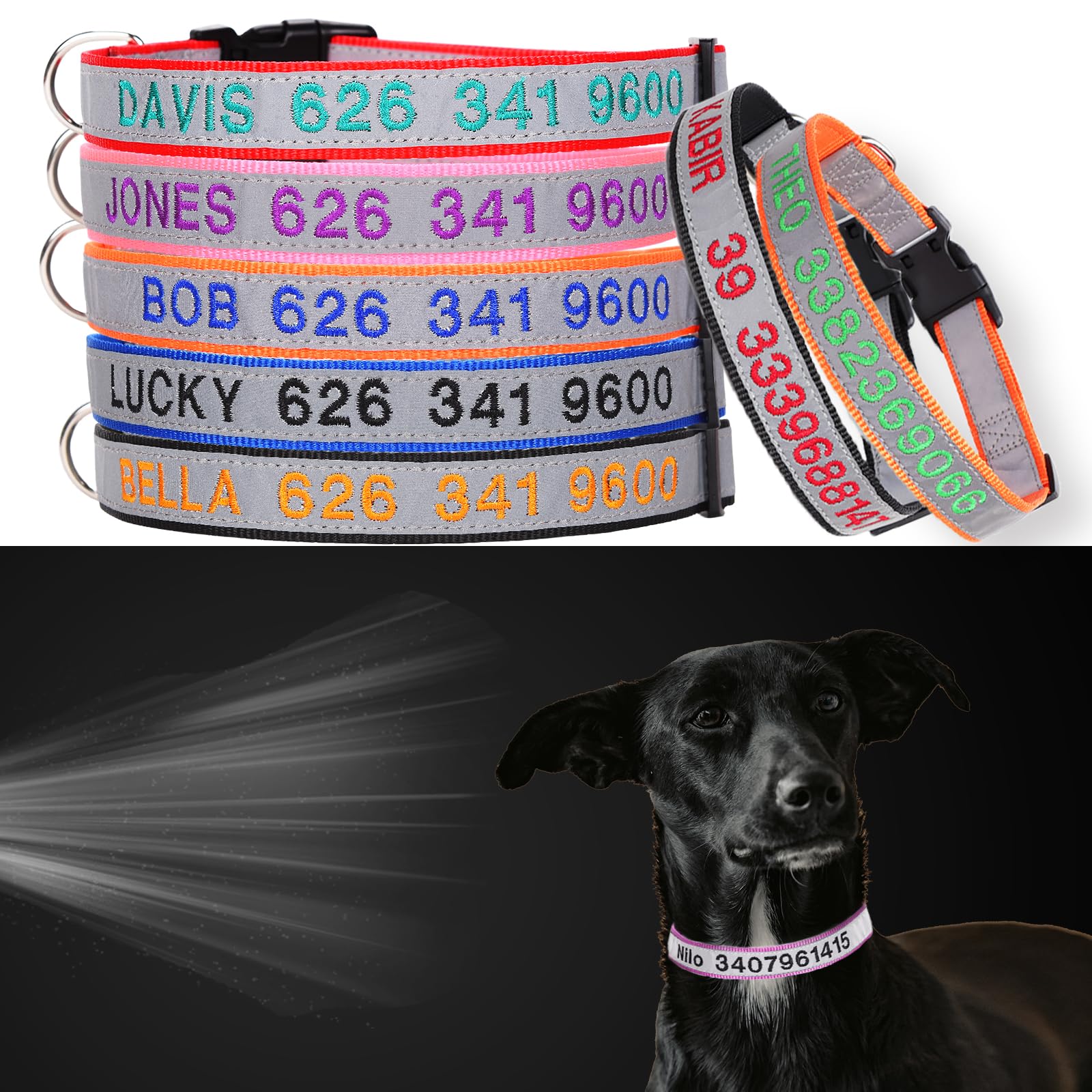 Reflective Personalized Dog Collar, Adjustable Nylon 5 Sizes XS Small Medium Large XL Buckle Collars,Custom Embroidered Pet Name and Phone Number,Christmas Dog gift — image 1