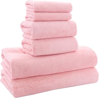 MOONQUEEN 6-Pc Ultra Soft Microfiber Towel Set - Quick Dry Coral Velvet Bath, Hand Towels & Washcloths for Gym, Yoga, Travel (Pink)