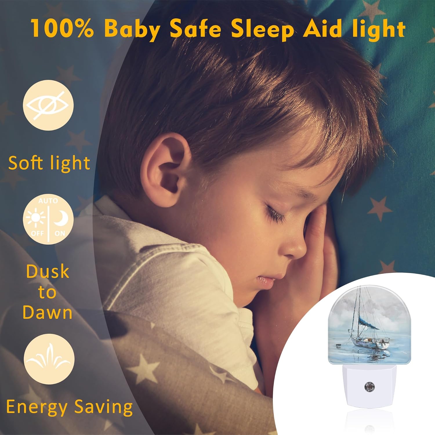 Blue Sailboat in Harbor Night Light Plug into Wall, Boat Ocean Oil Painting Dusk to Dawn Night Light Plug in,0.5w Energy Saving Sleep Friendly NightLight for Kids Boys Girls Home Decor