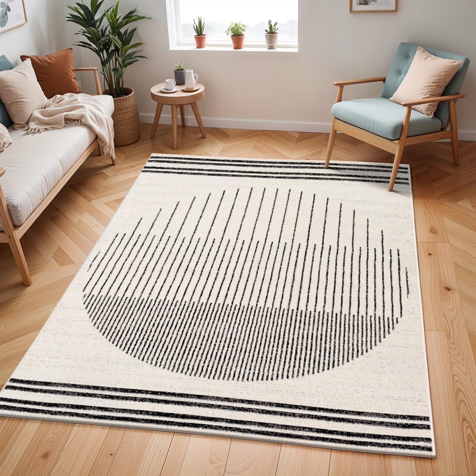 Livabliss Nairobi Teppich Wohnzimmer Boho, großer Teppich Schlafzimmer 130x170 cm - Teppiche für Esszimmer mit geometrischem Muster, Skandinavischer Wohnzimmerteppich modern in Elfenbein, Schwarz