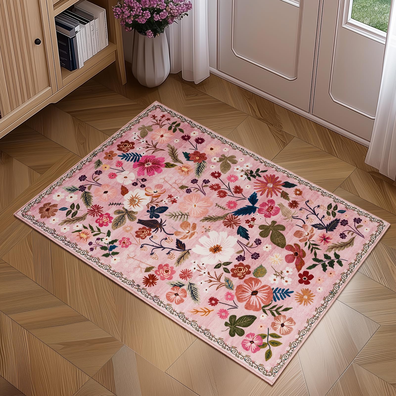2x3 Washable Entryway Rugs Pink Boho Vintage Floral Pattern Non Slip with Rubber Backing Small Rugs Stain Resistant Faux Fur Low Pile Door Mat for
